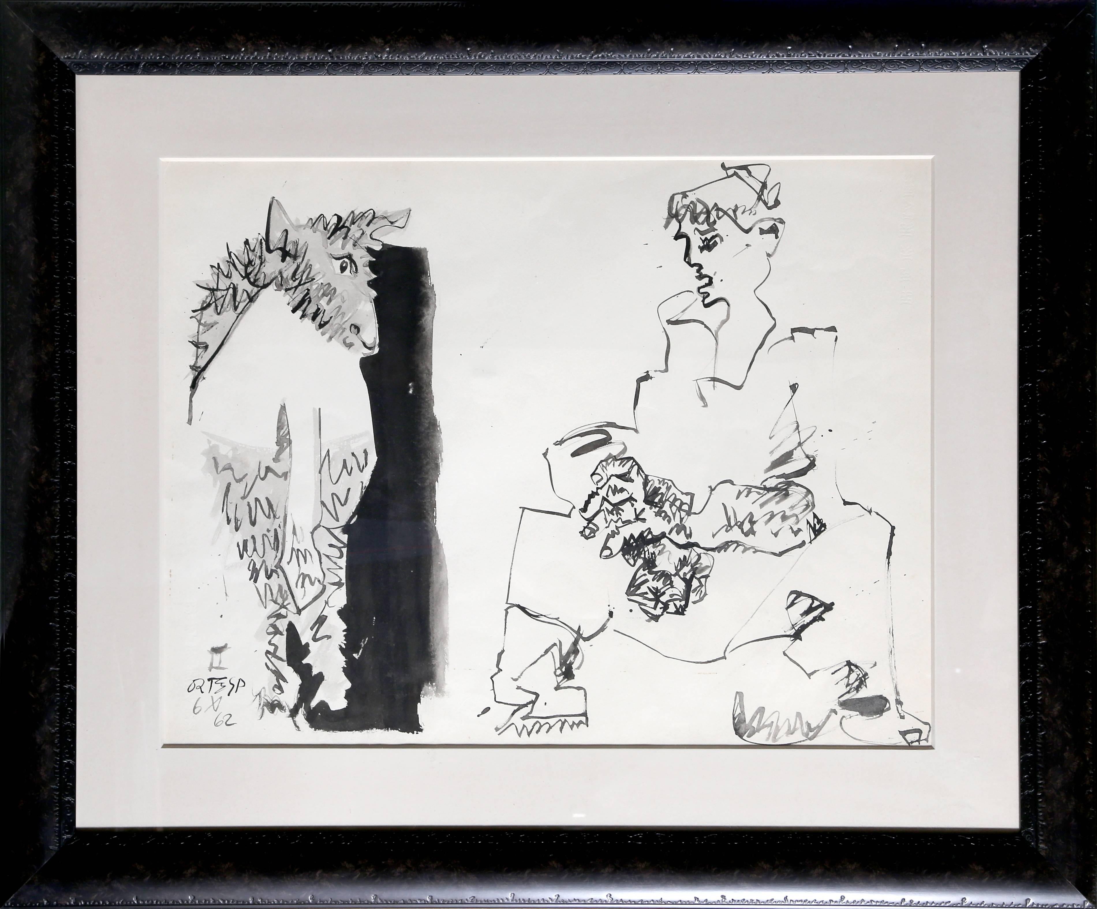 Seated Woman and Bull Figure, Modern Drawing by Jose Ortega