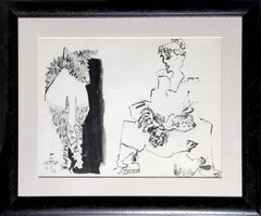 Seated Woman and Bull Figure, Modern Drawing by Jose Ortega