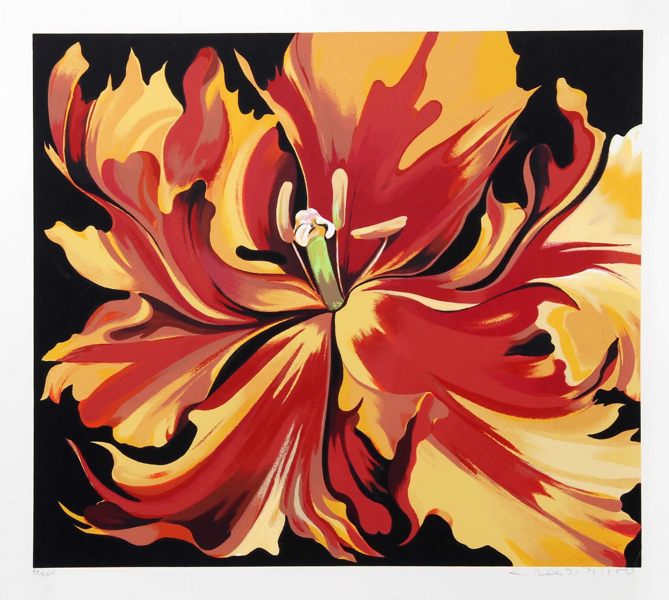 Lowell Nesbitt Still-Life Print - Red and Yellow Parrot Tulips