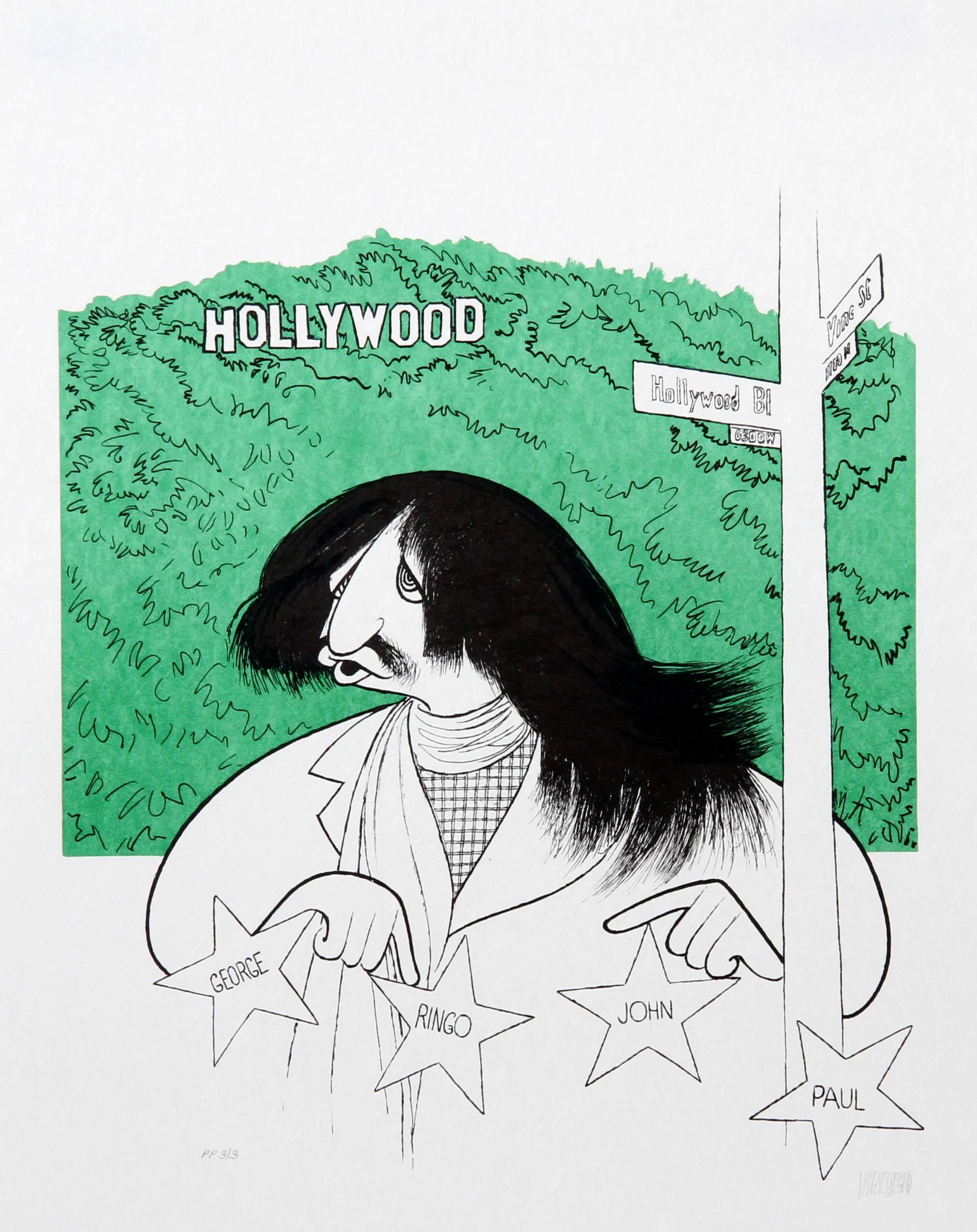 Albert Al Hirschfeld Figurative Print - Ringo Starr Visits Hollywood, Lithograph by Al Hirschfeld
