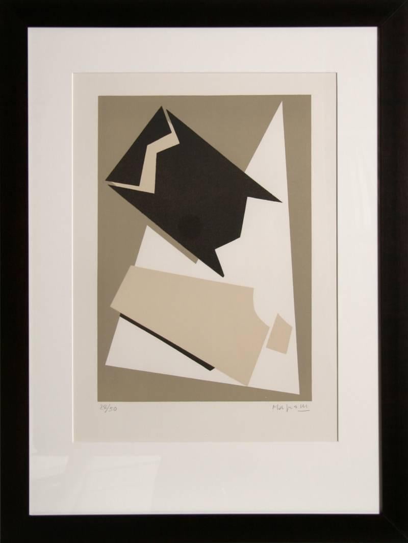 Künstler: Alberto Magnelli, Italiener (1888 - 1971)
Titel: Zusammensetzung
Jahr: 1960
Medium: Lithographie auf Arches, signiert und nummeriert mit Bleistift
Auflage: 50
Bildgröße: 19 x 13 Zoll
Rahmen: 33,5 x 25 Zoll