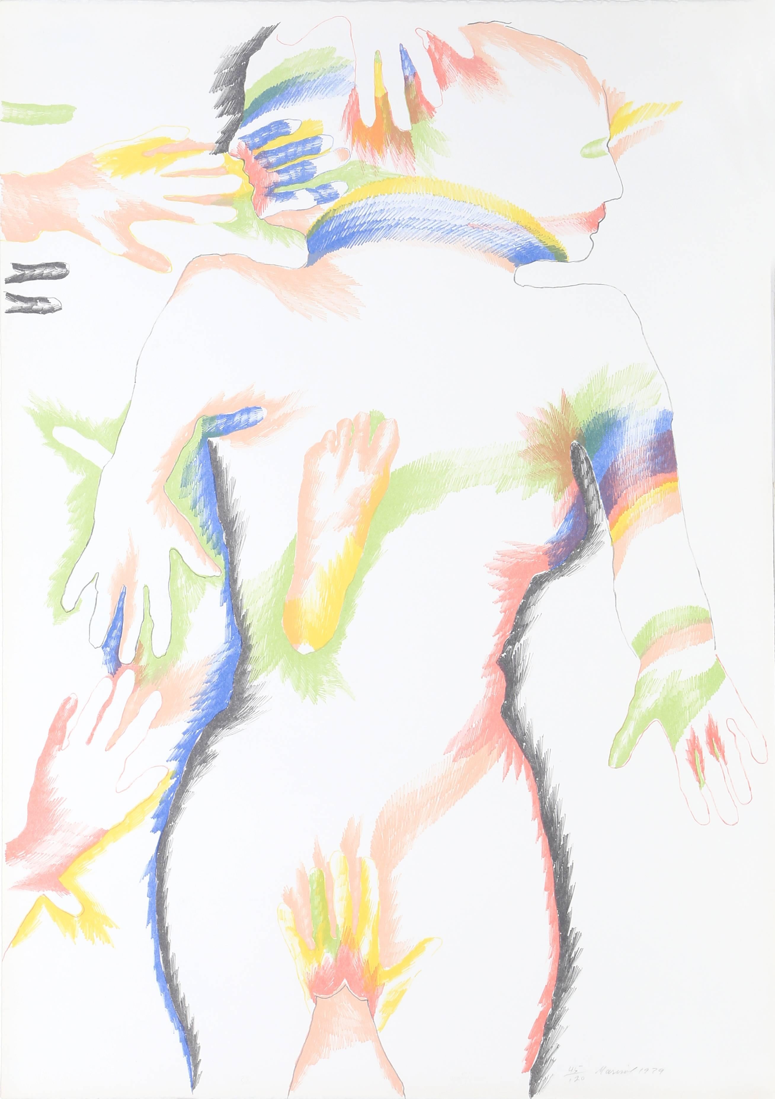 Artistics : Marisol Escobar, française/vénézuélienne (1930 - 2016)
Titre : Le peuple arc-en-ciel
Année : 1979
Médium : Lithographie, signée et numérotée au crayon
Édition : 120
Taille : 42 x 29.5 in. (106.68 x 74.93 cm)