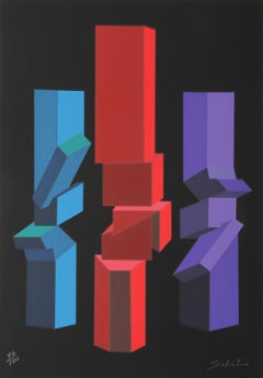 Tres Torres, Surrealist Geometric Screenprint by Enrique Sebastian Carbajal
