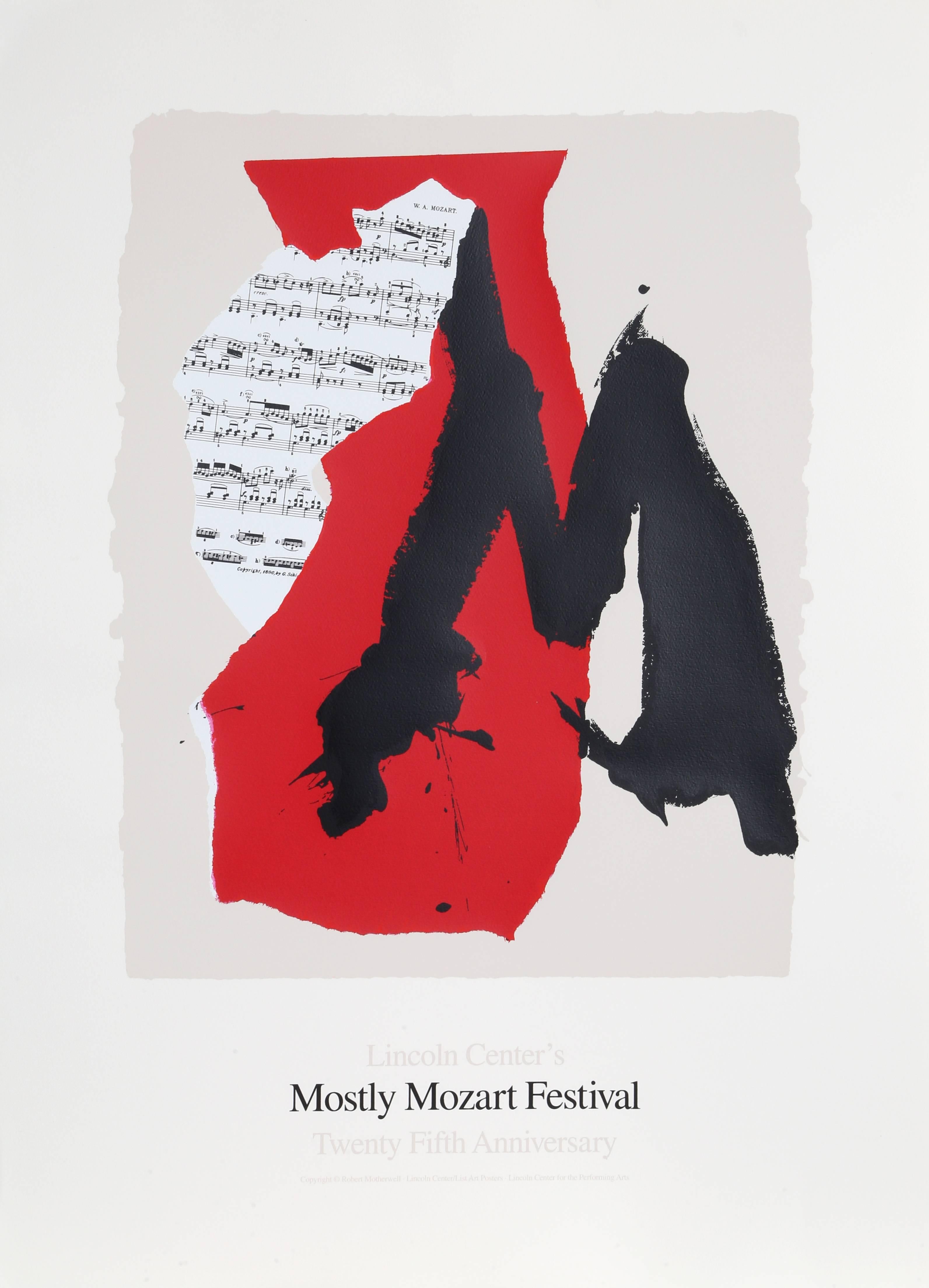 Artistics : Robert Motherwell, Américain (1915 - 1991)
Titre : Lincoln Center Mostly Mozart, 25e anniversaire
Année : 1991
Support : Lithographie et sérigraphie sur Coventry
Edition : 800 
Dimensions : 101,6 cm x 73,66 cm (40 in. x 29