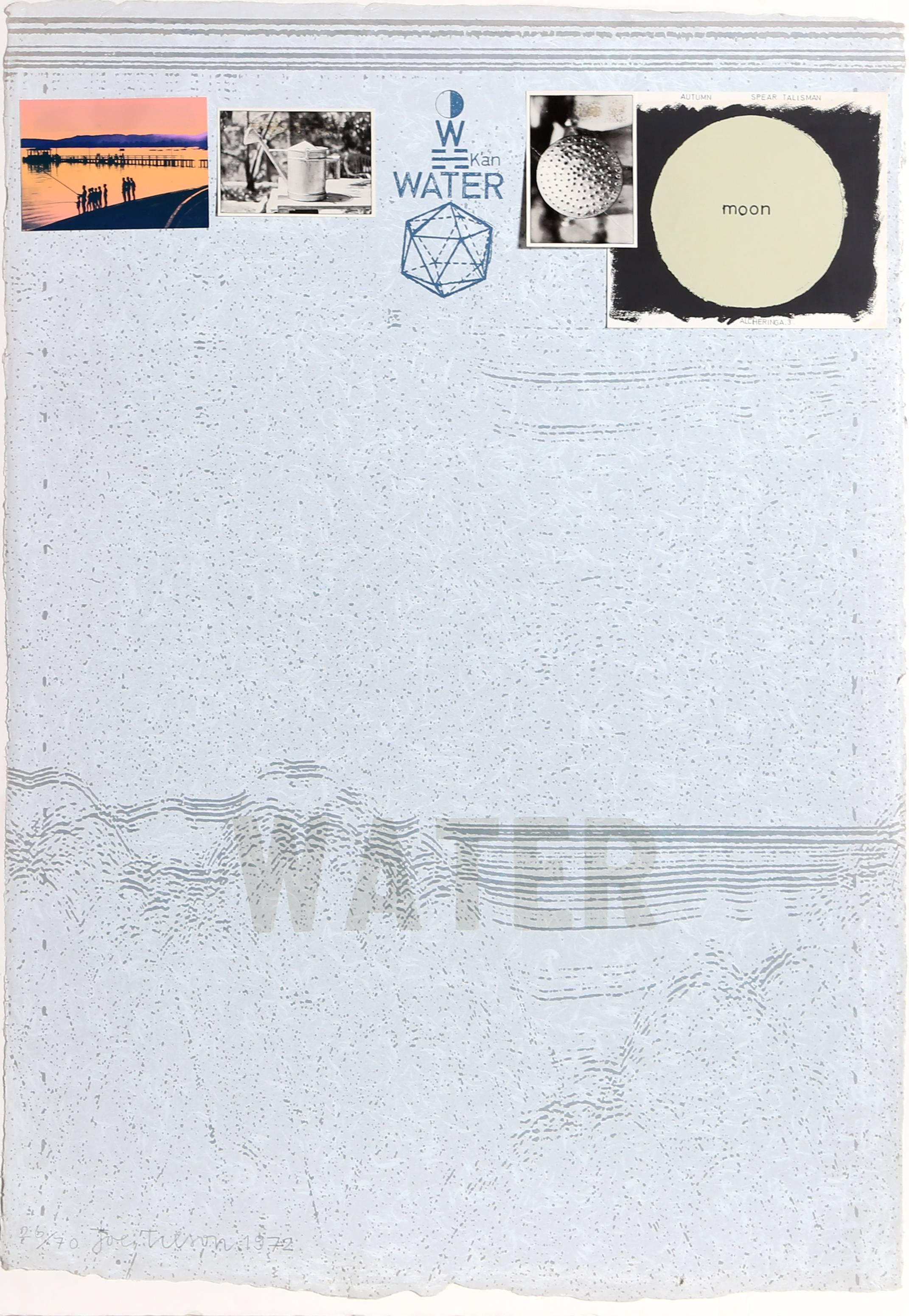 Artist: Joe Tilson, British (1928 - )
Title: Water
Year: 1972
Medium: Silkscreen and Collage on Rice Paper, signed and numbered in pencil
Edition: 26/70
Size: 38 in. x 26.5 in. (96.52 cm x 67.31 cm)