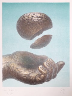 Hand and Sphere, Surrealist Lithograph by De Es Schwertberger