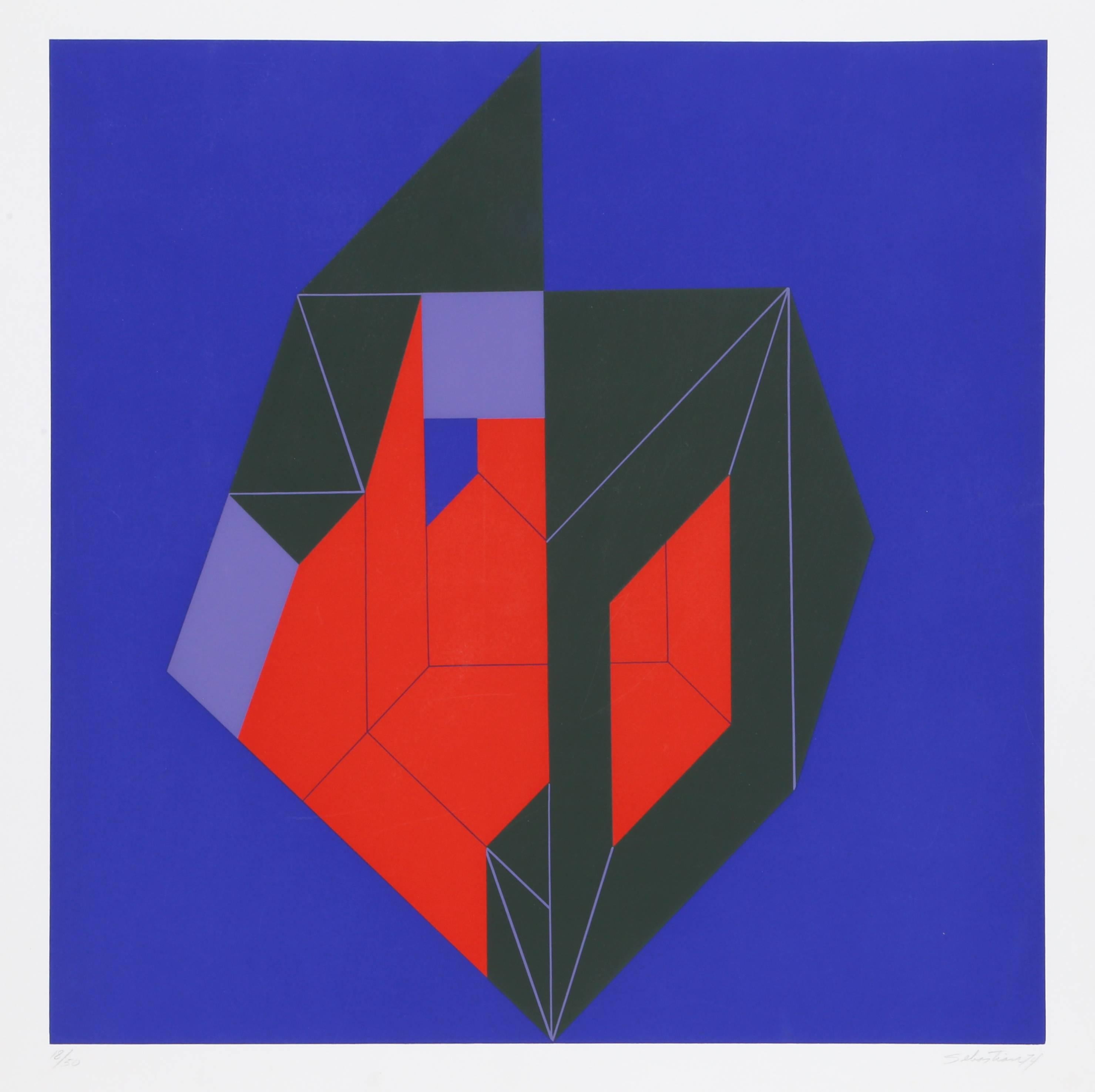 Enrique Sebastian Carbajal Abstract Print - Composition in Green, Red, and Blue
