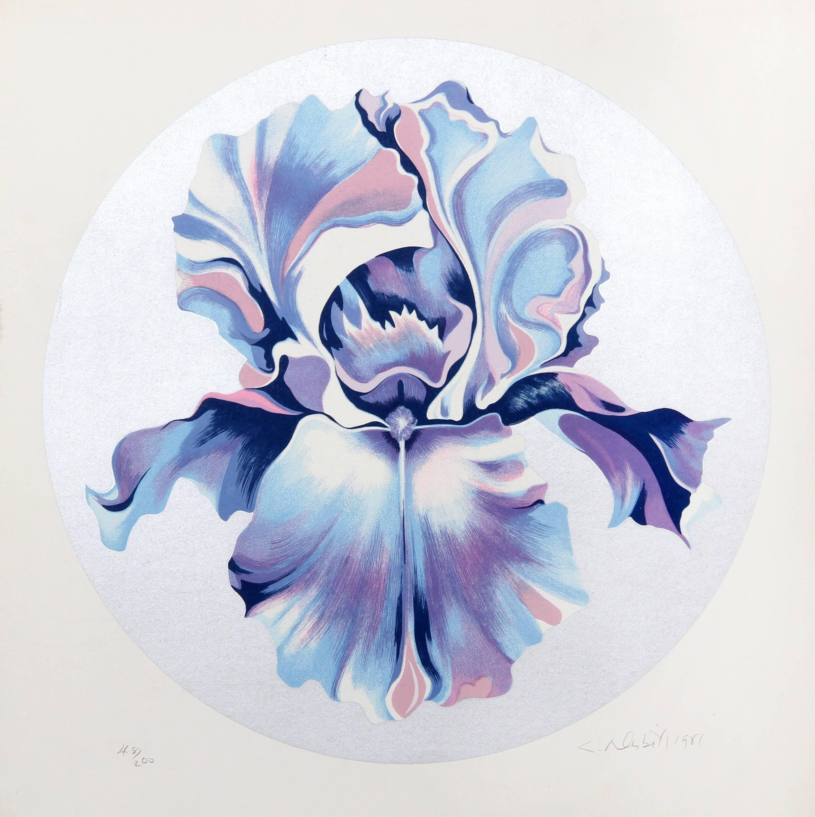Iris on Silver - Floral Screenprint by Lowell Nesbitt
