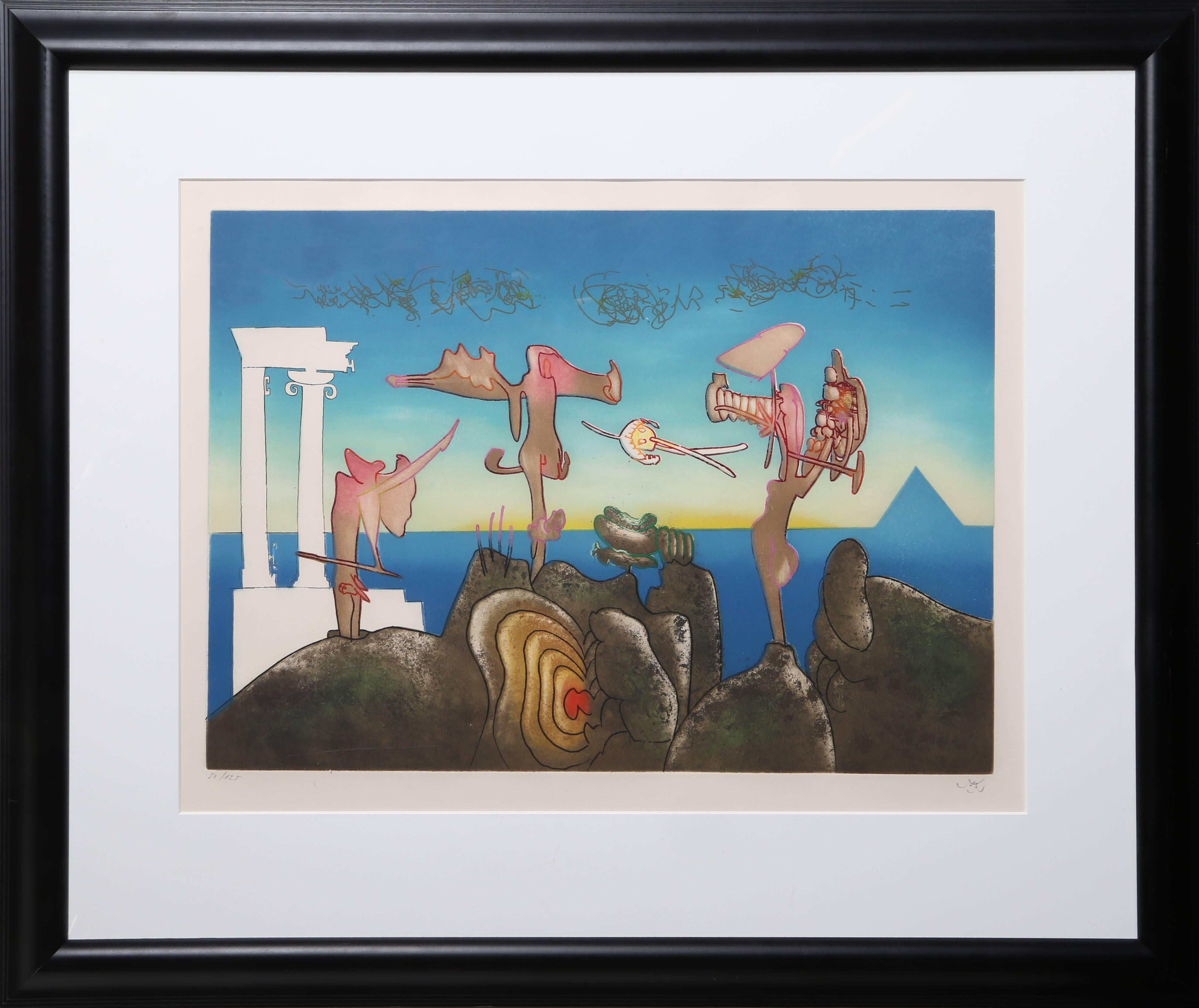 Artista: Roberto Matta, chileno (1911 - 2002)
Título: 5PM de L'Arc Obscur des Heures
Año: 1975
Técnica: Aguafuerte, Firmado y numerado a lápiz
Edición: 125, XXXIII
Tamaño de la imagen: 19,5 x 27 pulgadas
Tamaño: 63,5 cm x 91,44 cm (25 pulg. x 36