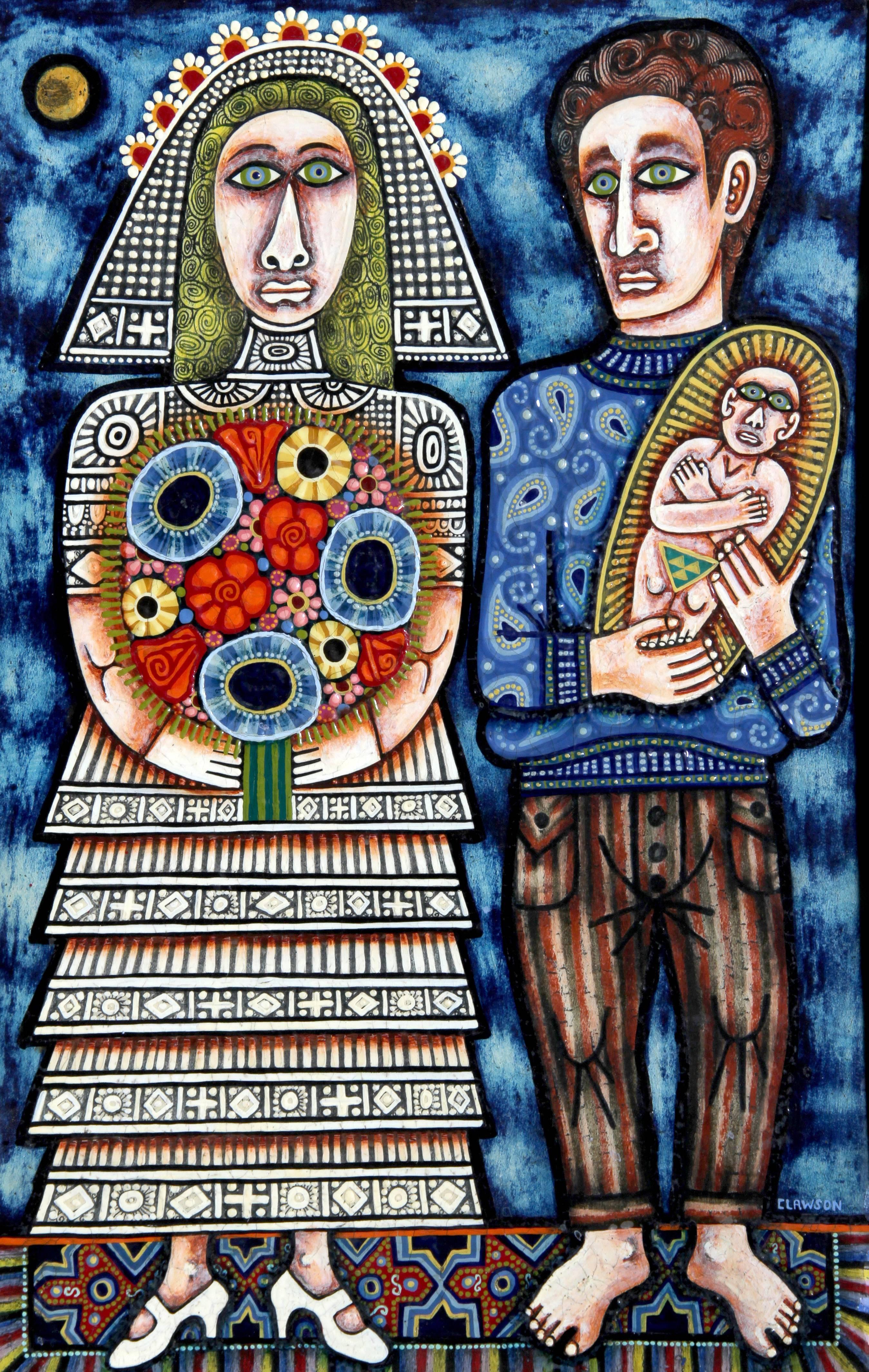 Family, Folk Art Oil Painting on Board by Rex Clawson For Sale 2