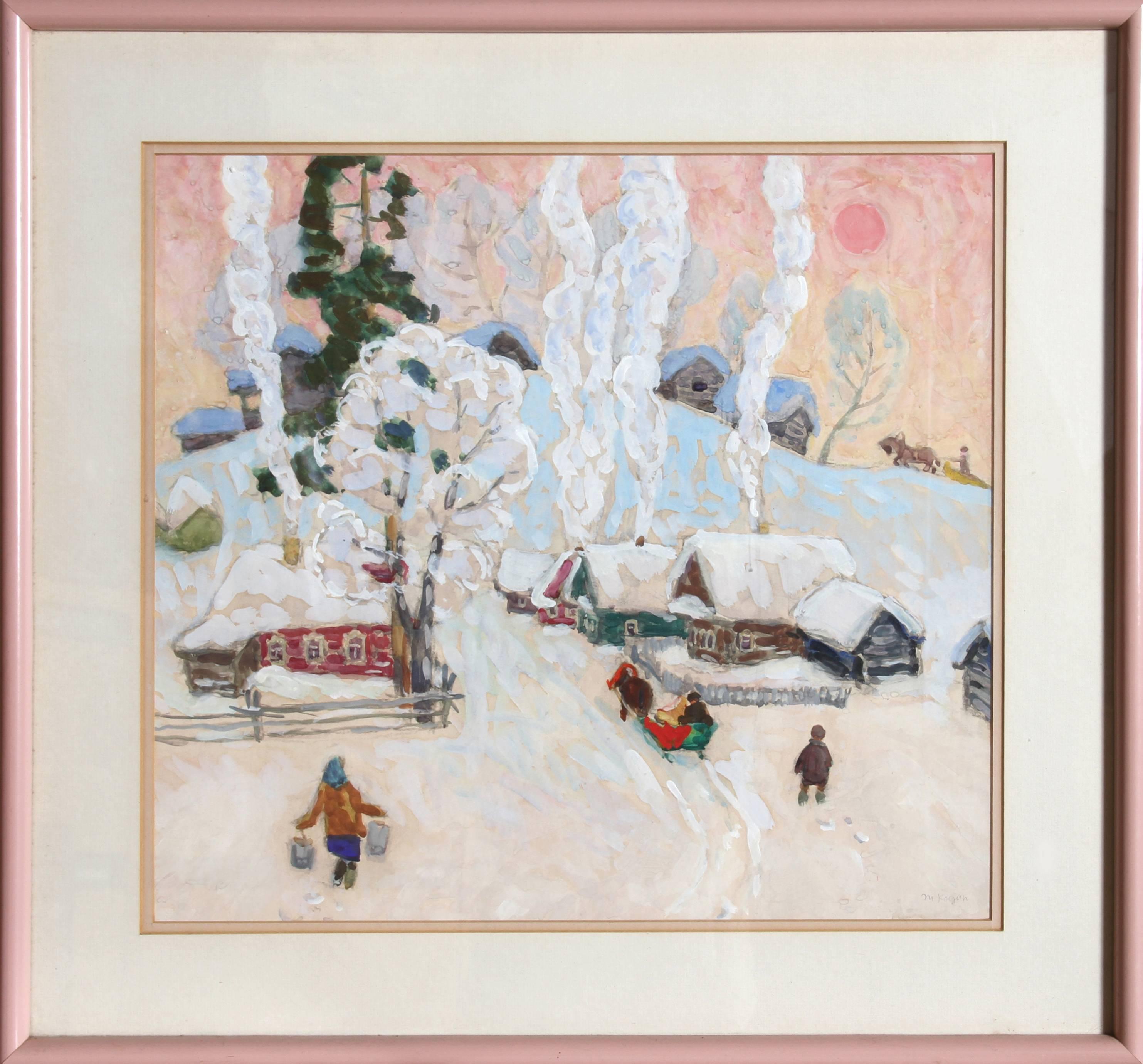 Moisey Kogan Landscape Art - Winter Village Scene