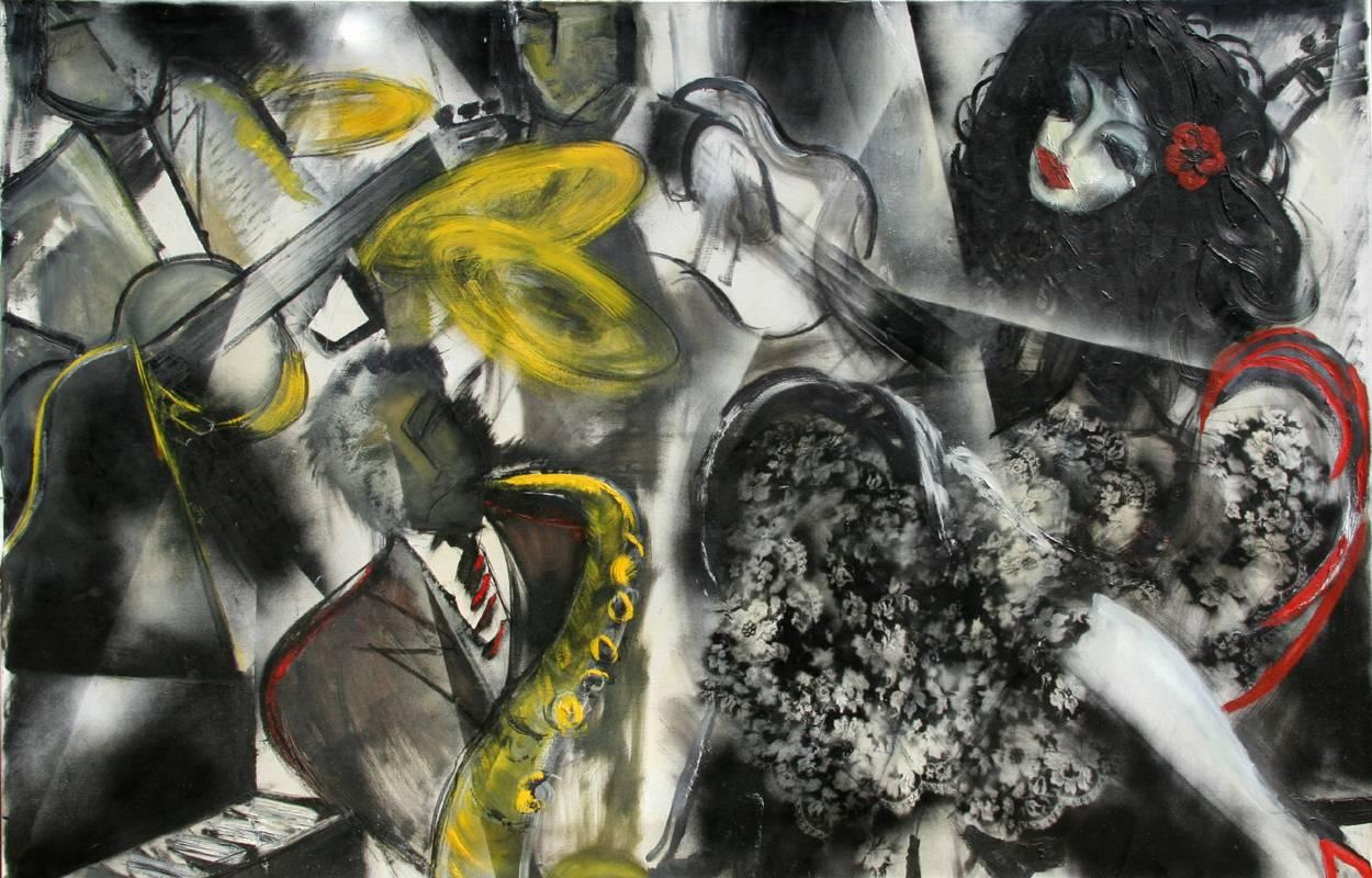 Abstraktes Ölgemälde auf Leinwand „Jazz Club“ von David Rucli