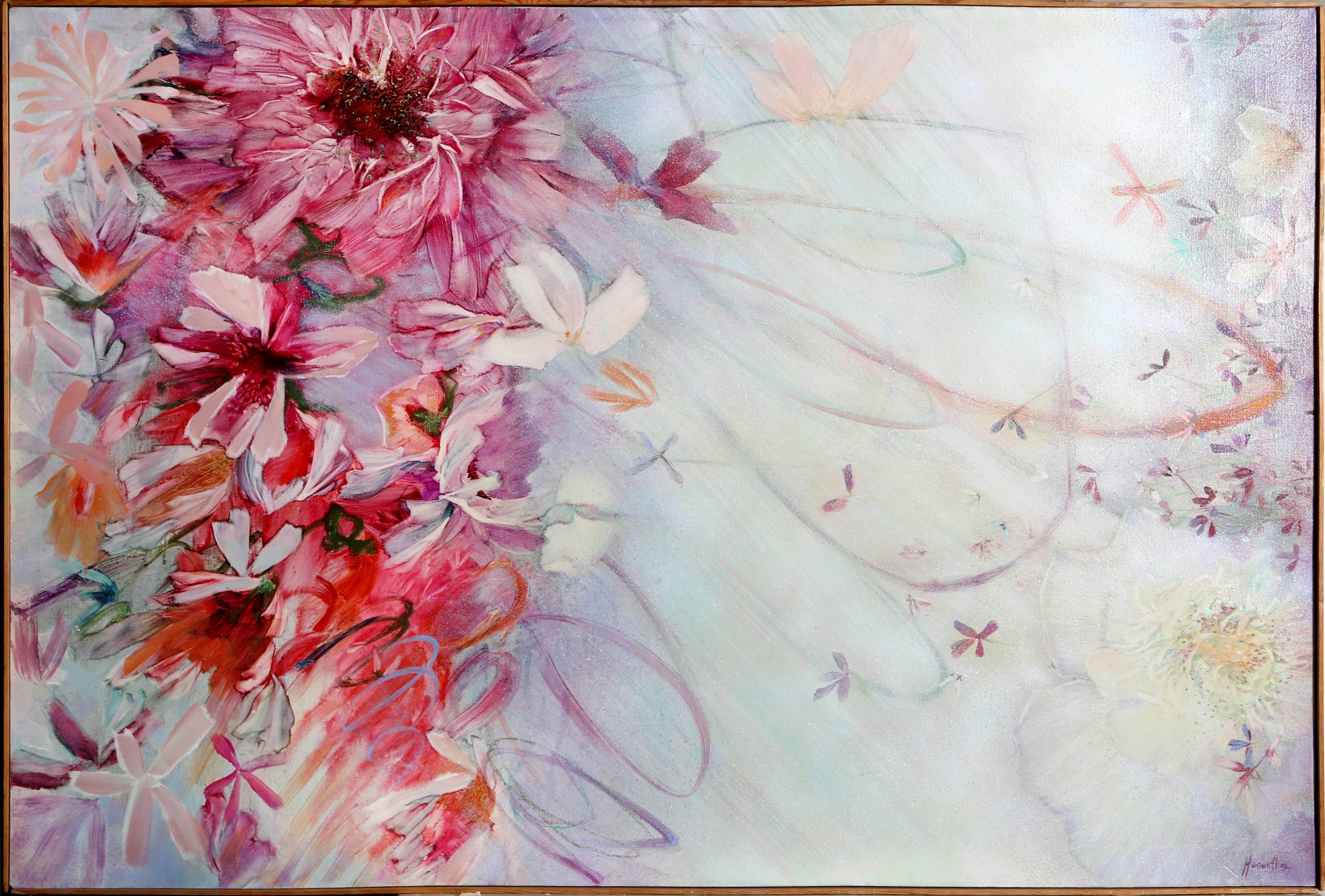 Artistics : Florence Hasenflug, Américaine (1914 - 2010)
Titre : Fleurs roses
Année : circa 1970
Moyen d'expression : Huile sur toile, signée à gauche et au verso
Taille : 44 x 66 in. (111.76 x 167.64 cm)
Taille du cadre : 44.5 x 67 pouces