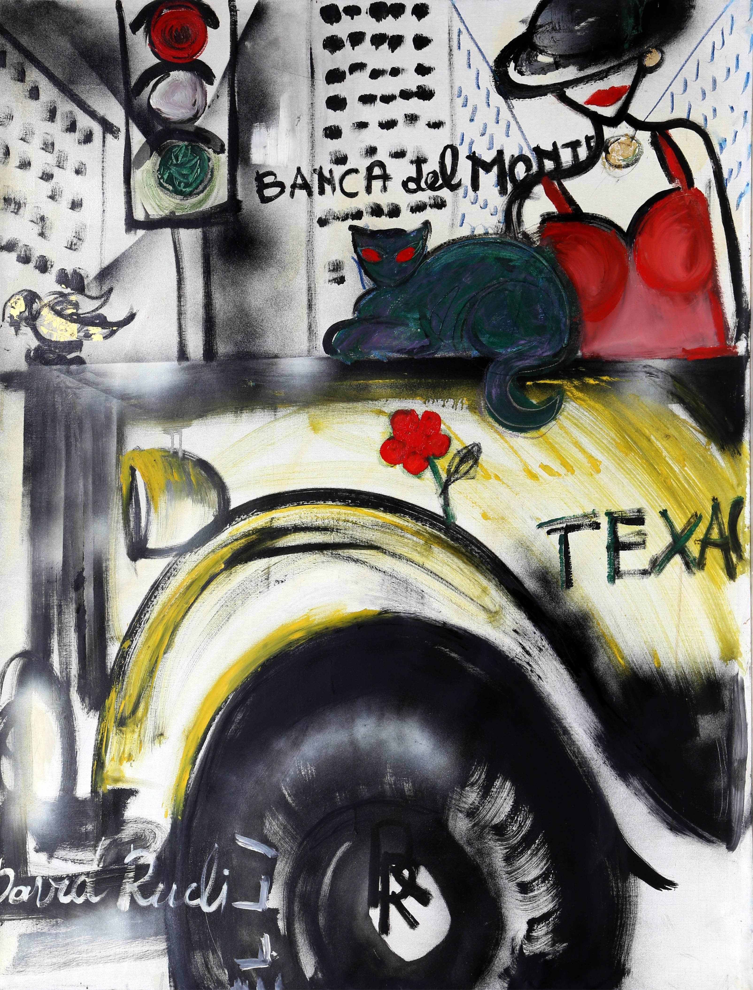Künstler: David Rucli, Italiener (1944 - )
Titel: Banca del Monia
Jahr: um 1990
Medium: Acryl auf Leinwand, signiert v.l.n.r. 
Größe: 50,5 x 40 Zoll (128,27 x 101,6 cm)