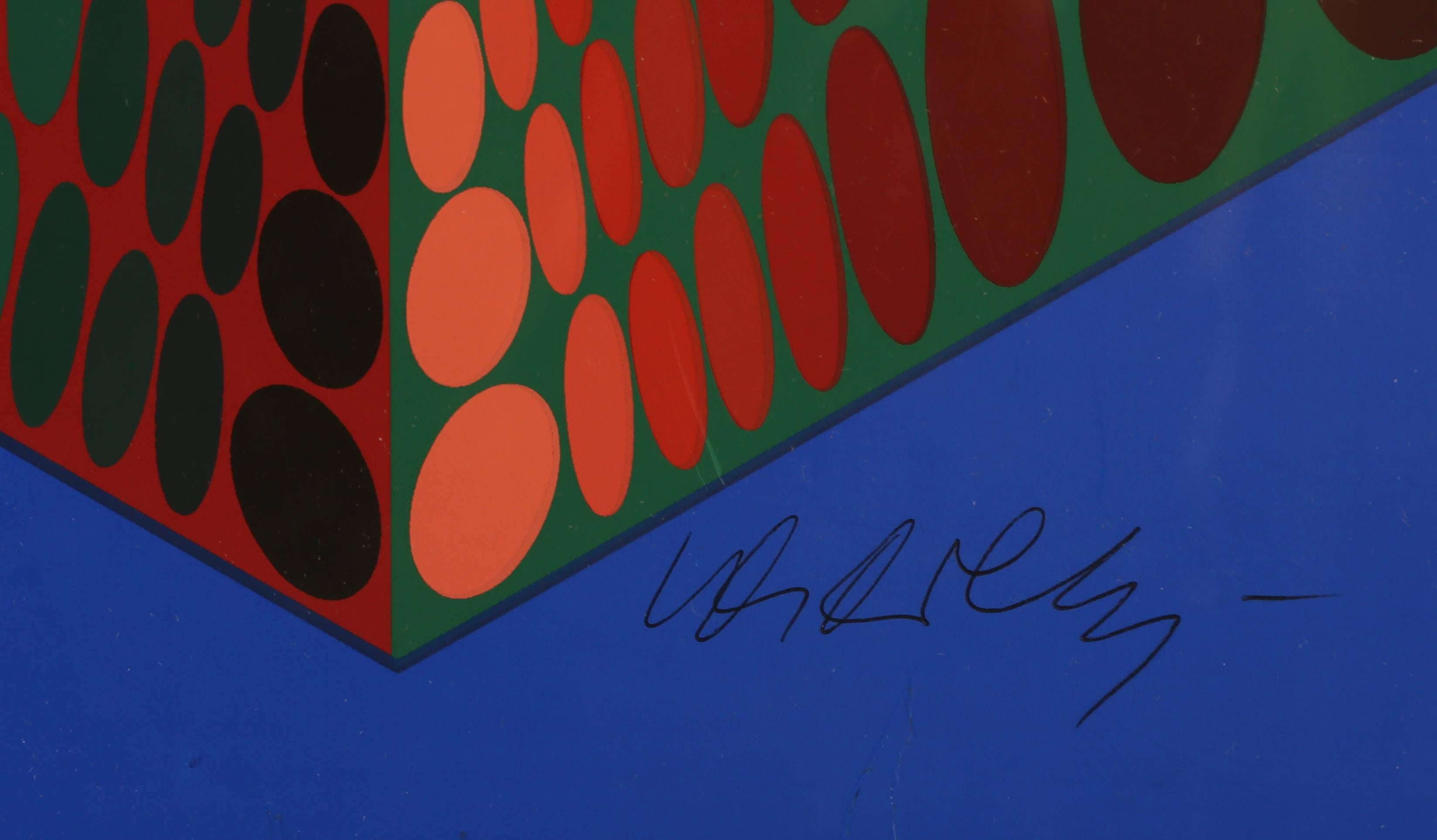 Parmenide (Green, Black, and Red on Blue) - Print by Victor Vasarely