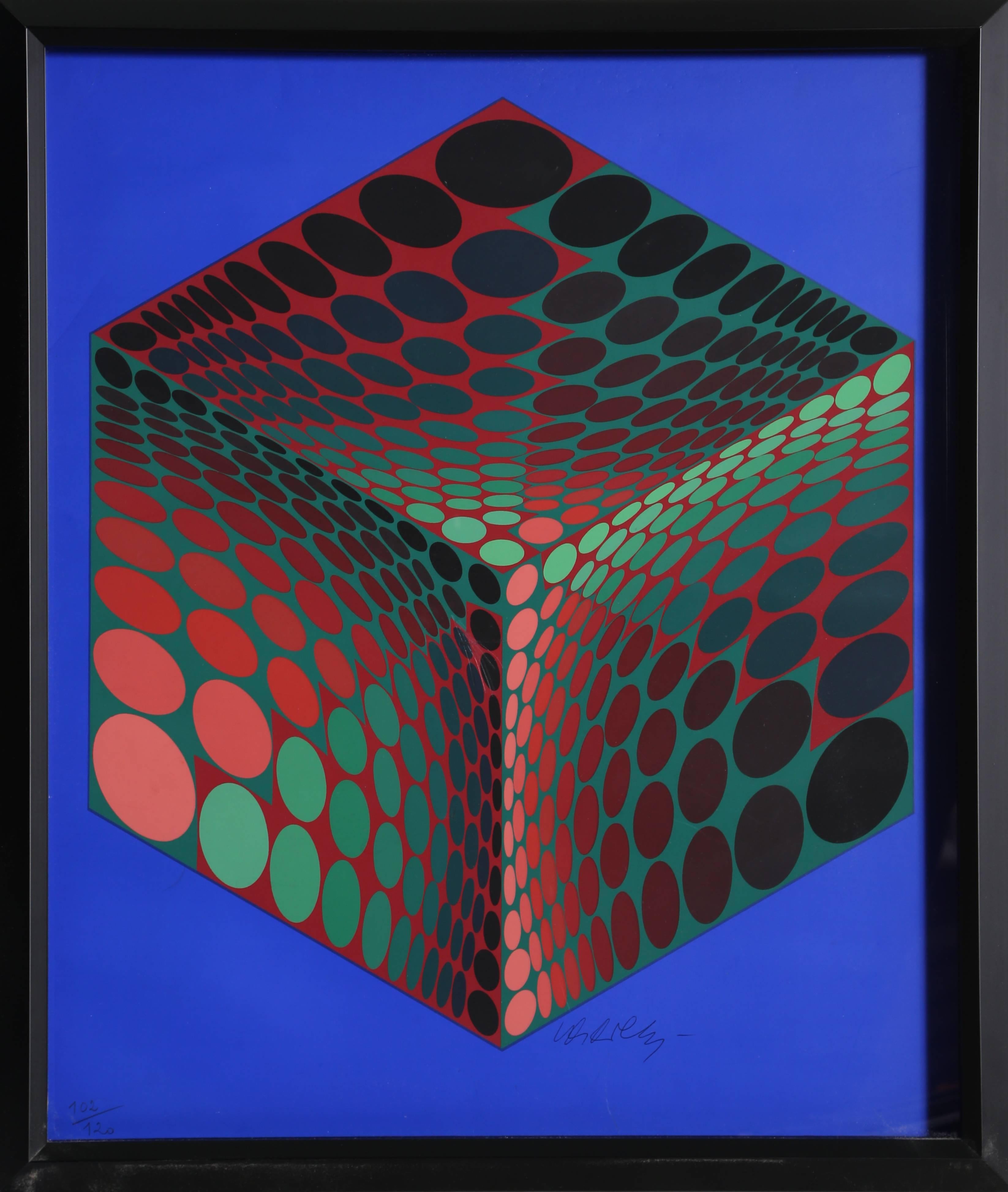 Victor Vasarely Abstract Print - Parmenide (Green, Black, and Red on Blue)