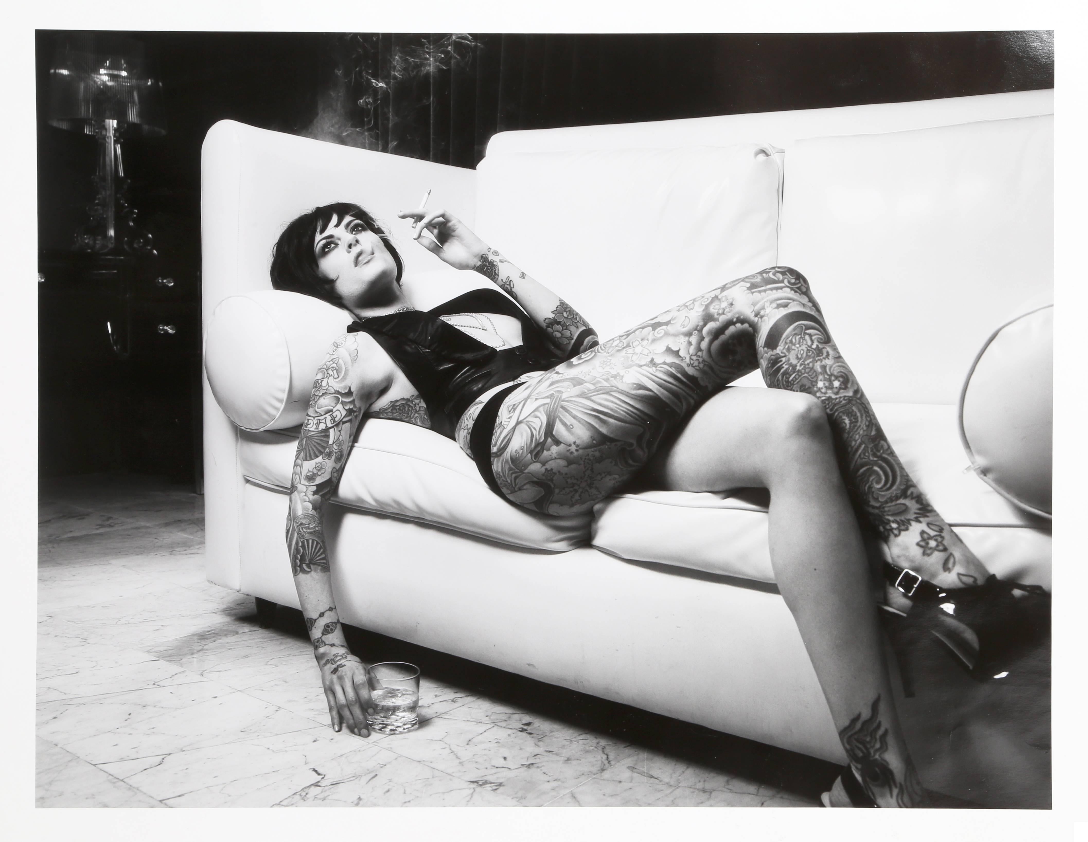 Warwick Saint Black and White Photograph - Smoking Woman with Tattoos