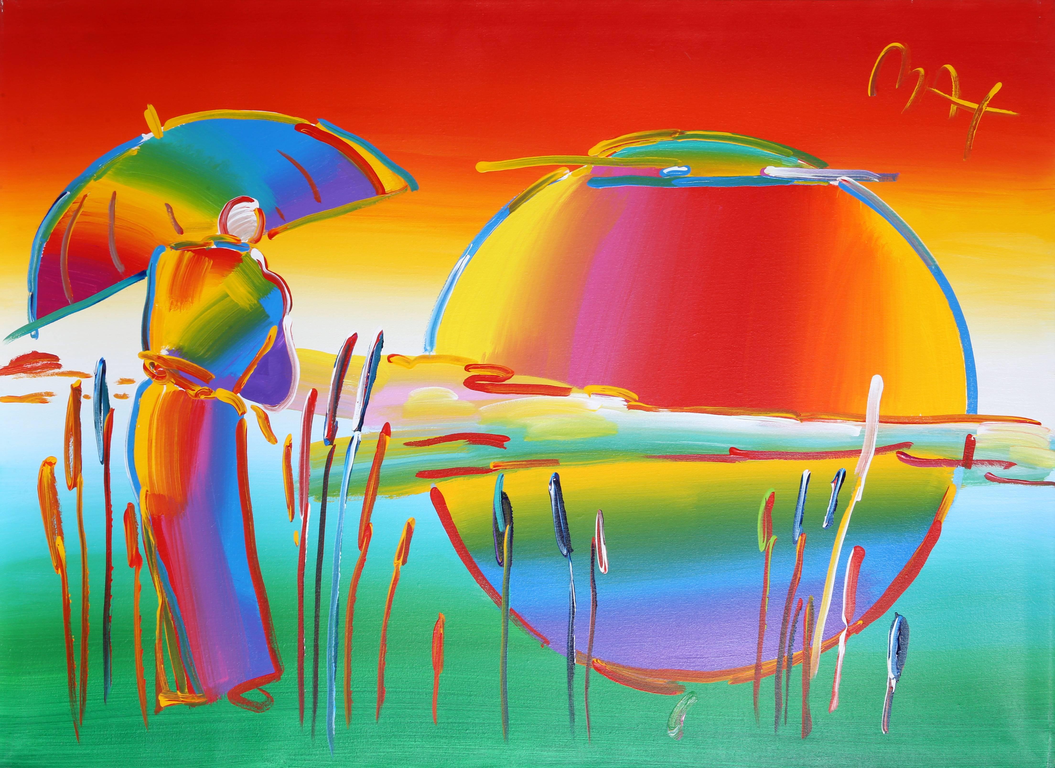 Peter Max Landscape Painting - Rainbow Umbrella Man in Reeds Version IV #7