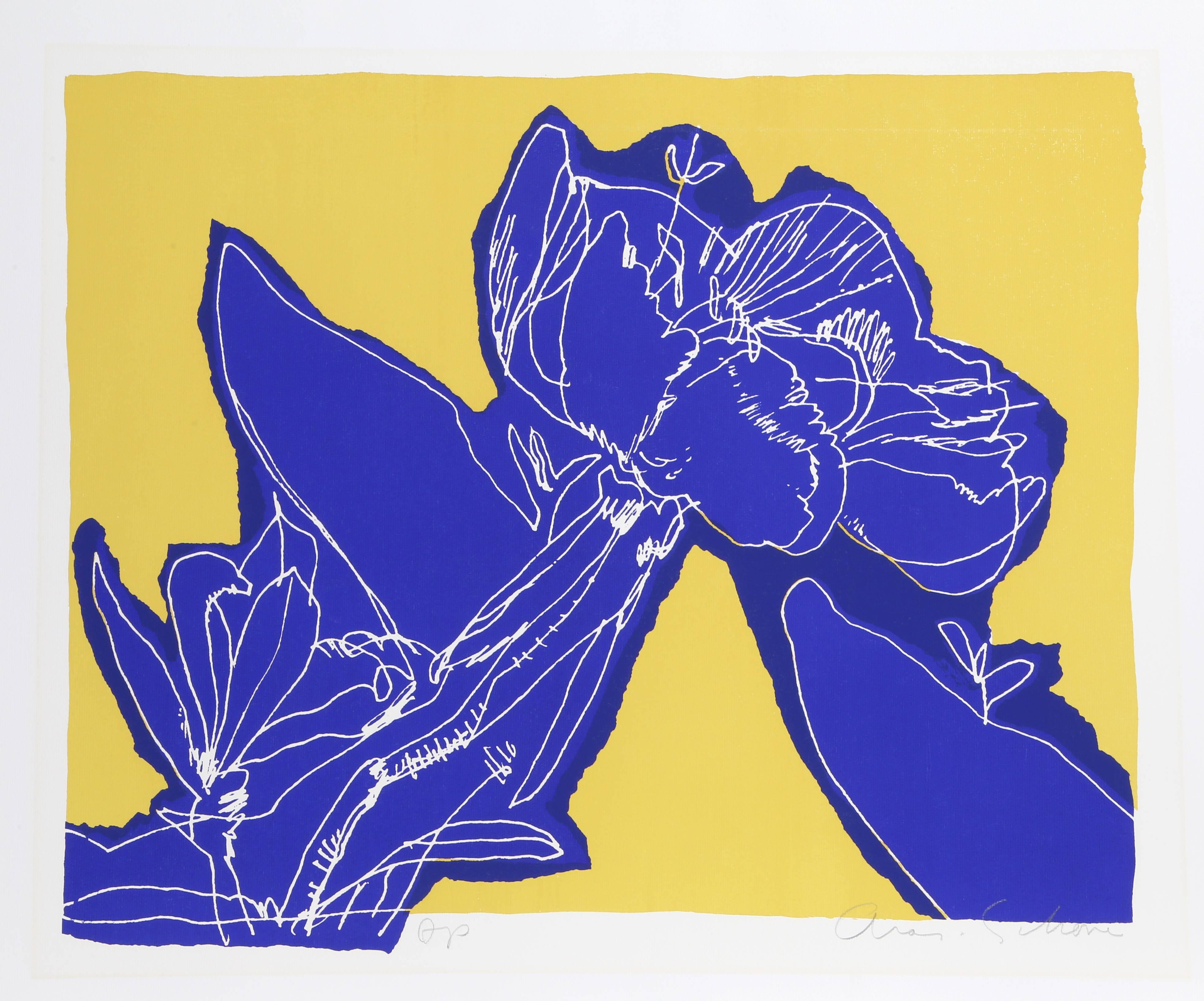 Artist: Aaron Schone
Title: Blue Flowers
Year: circa 1980
Medium: Screenprint, signed and numbered in pencil
Edition: AP
Image Size: 23.5 x 29 inches
Size: 26  x 32 in. (66.04  x 81.28 cm)