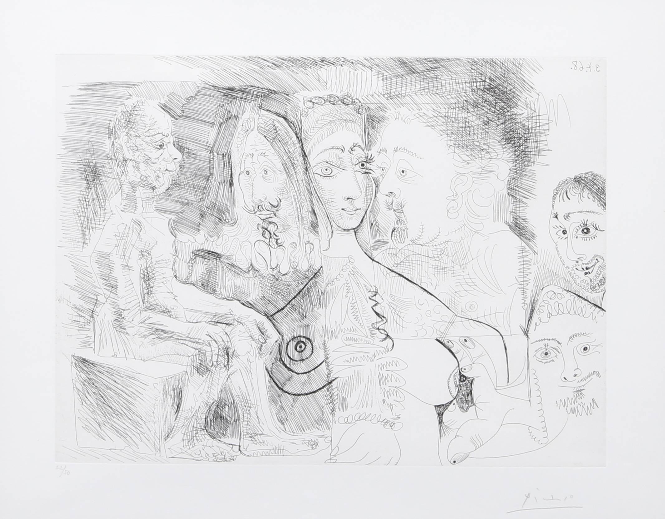 Vieillard Fantasmant: Courtisane avec des Hommes en Costumes Rembranesque - Print by Pablo Picasso