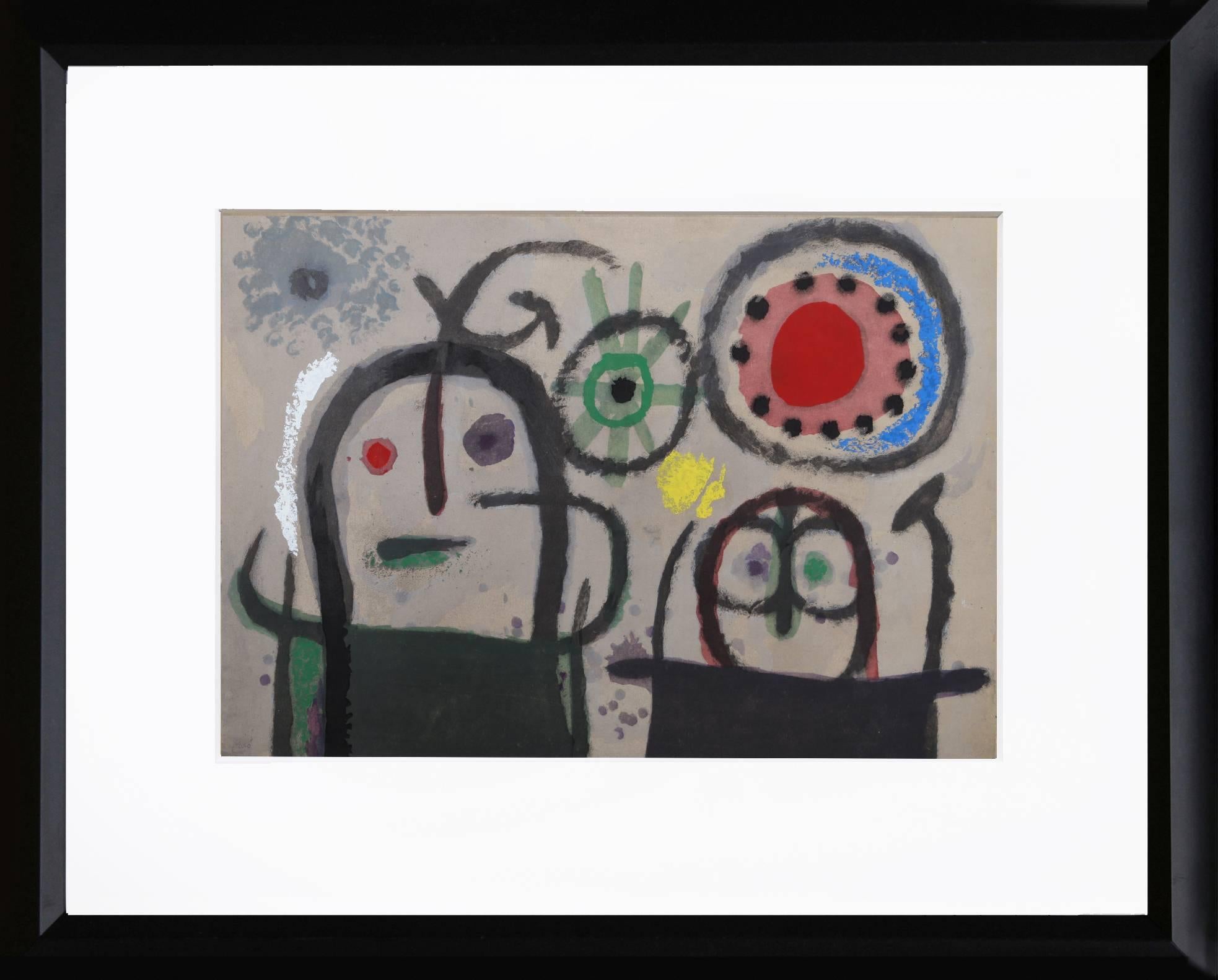 Joan Miró Abstract Print – Cartones 19: Femmes en priere devant le soleil, von Joan Miro