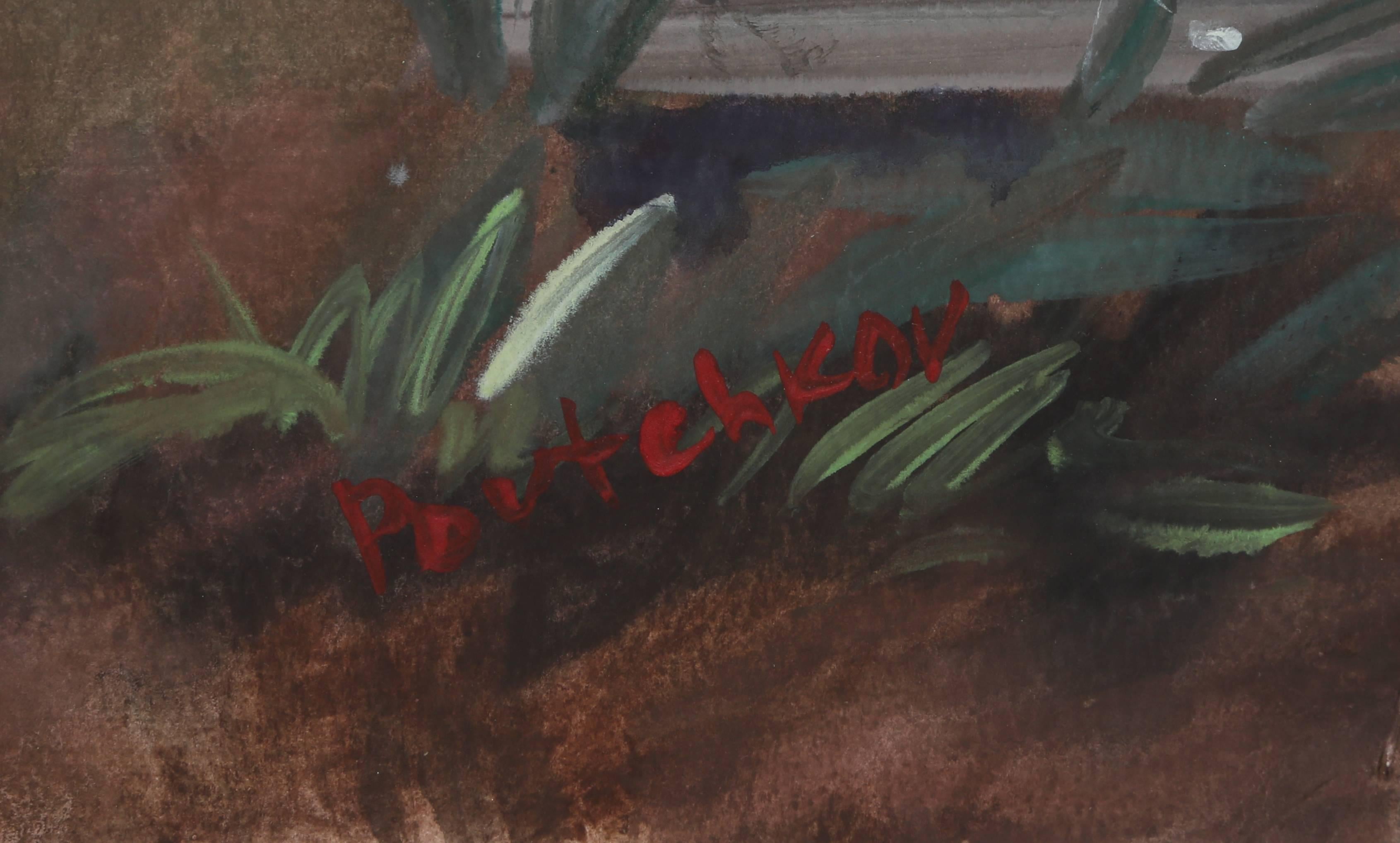 Paisaje con ruinas, Paisaje en acuarela y pintura al temple de Poutchkov - Painting de Vladimir Poutchkov