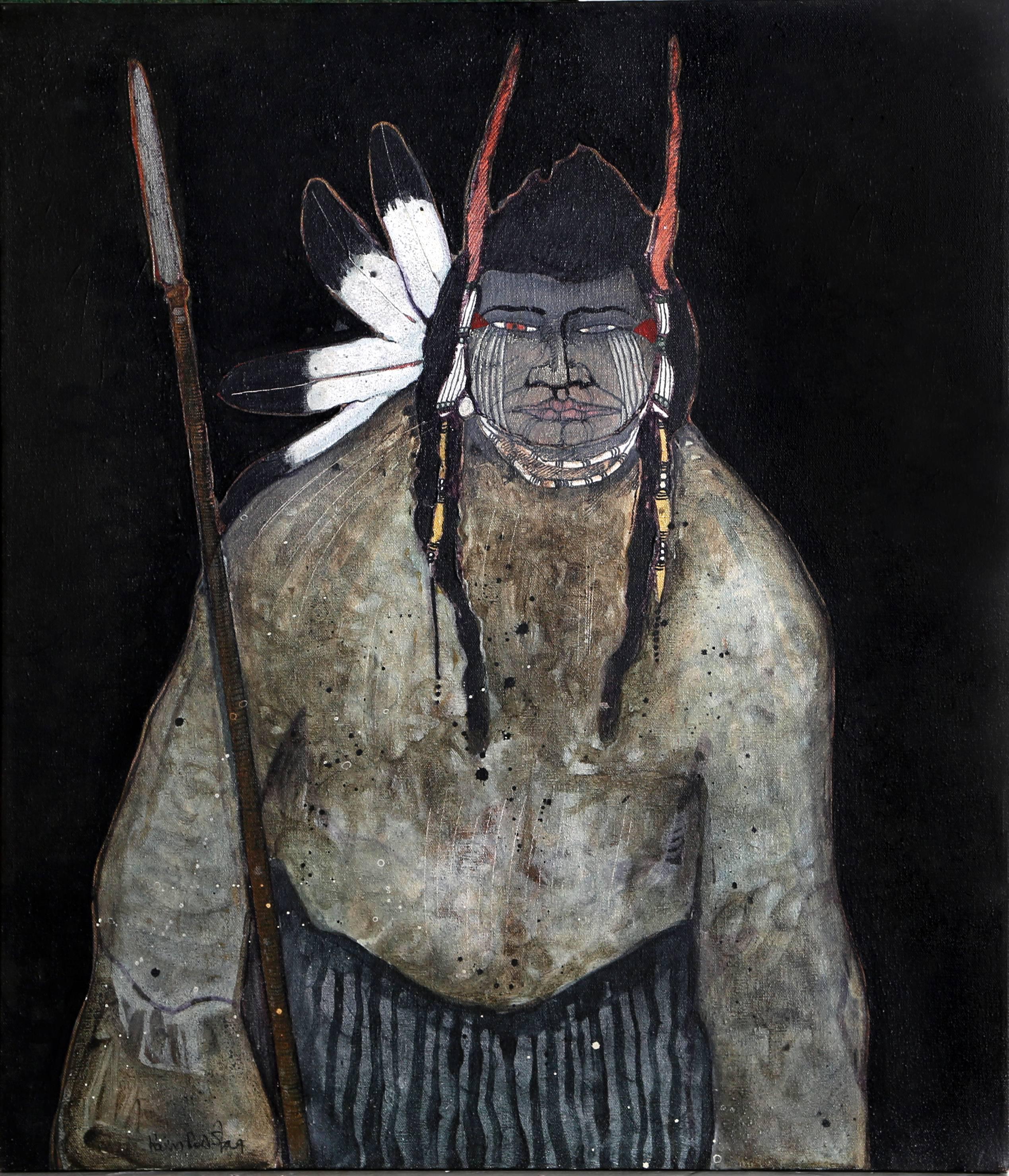 Figurative Painting Kevin Red Star - Crow Indian with Spear (Inde Crow avec lance)