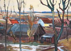 Scena di villaggio, dipinto a olio su masonite di Emil Rizek