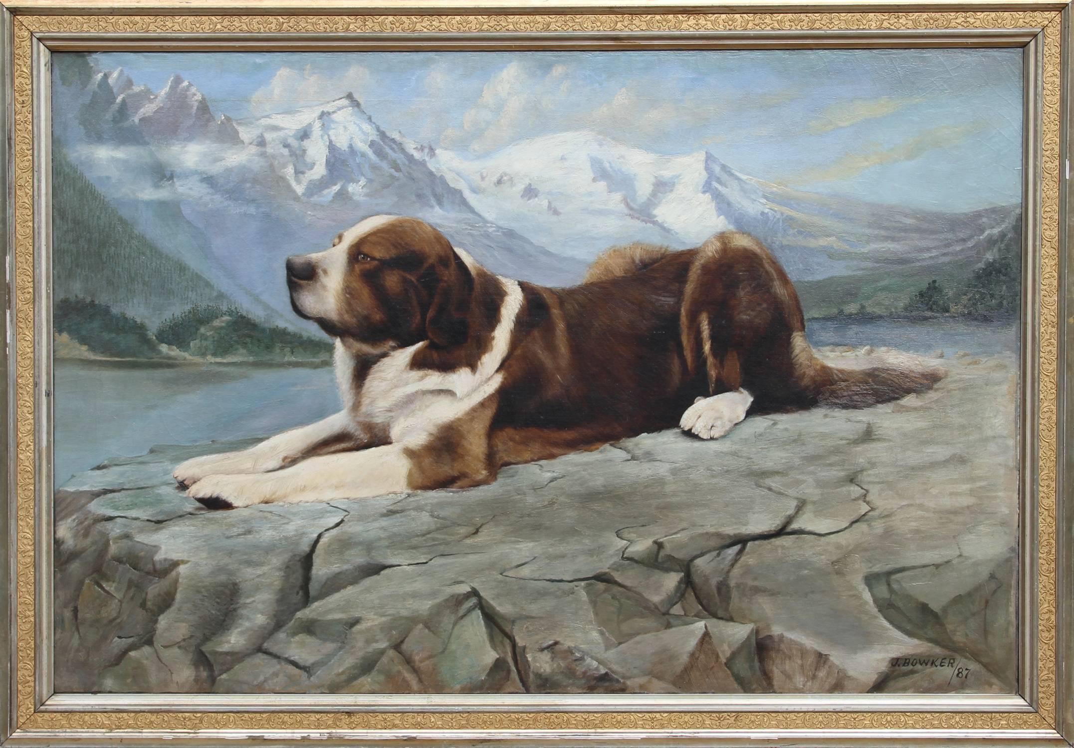 J. Bowker (XIXct.) Animal Painting - St. Bernard, Oil on Canvas Painting by J. Bowker