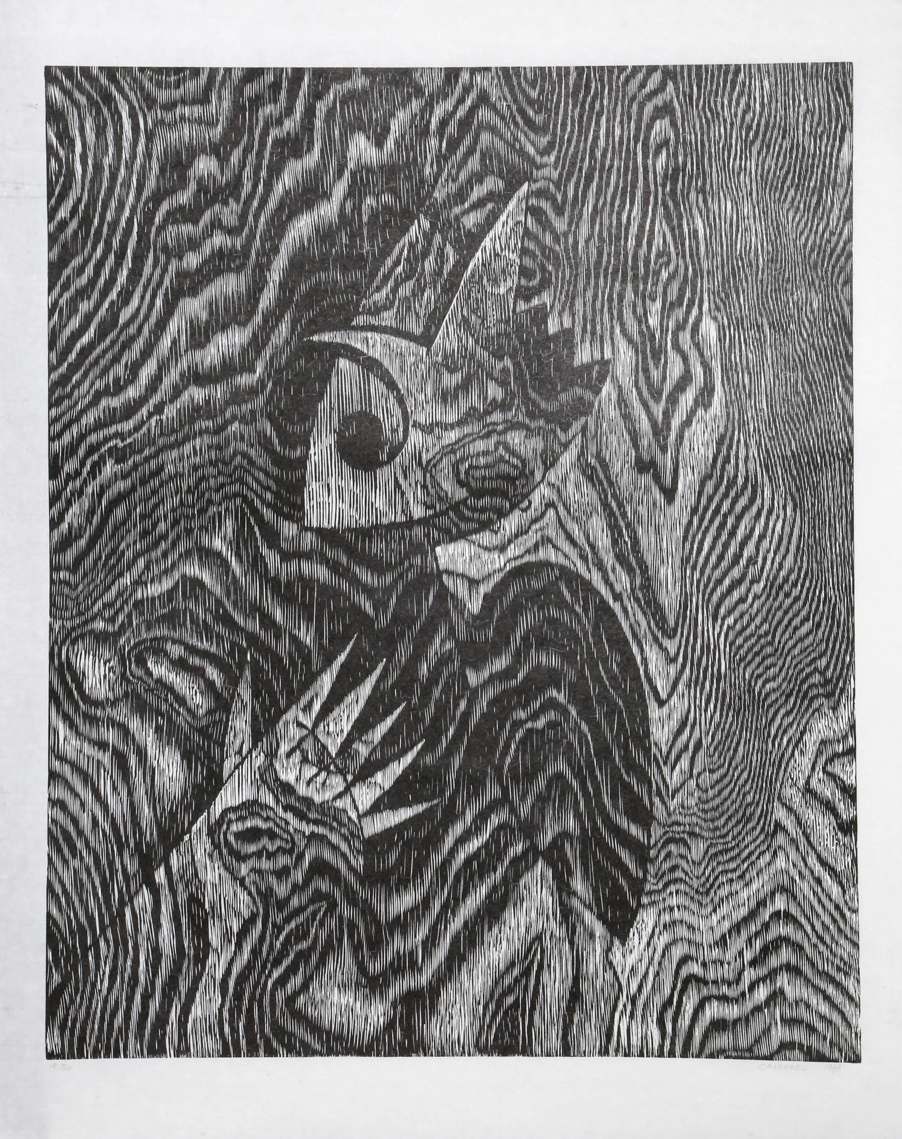 Not You Again, Abstract Woodcut by Suzanne Caporael