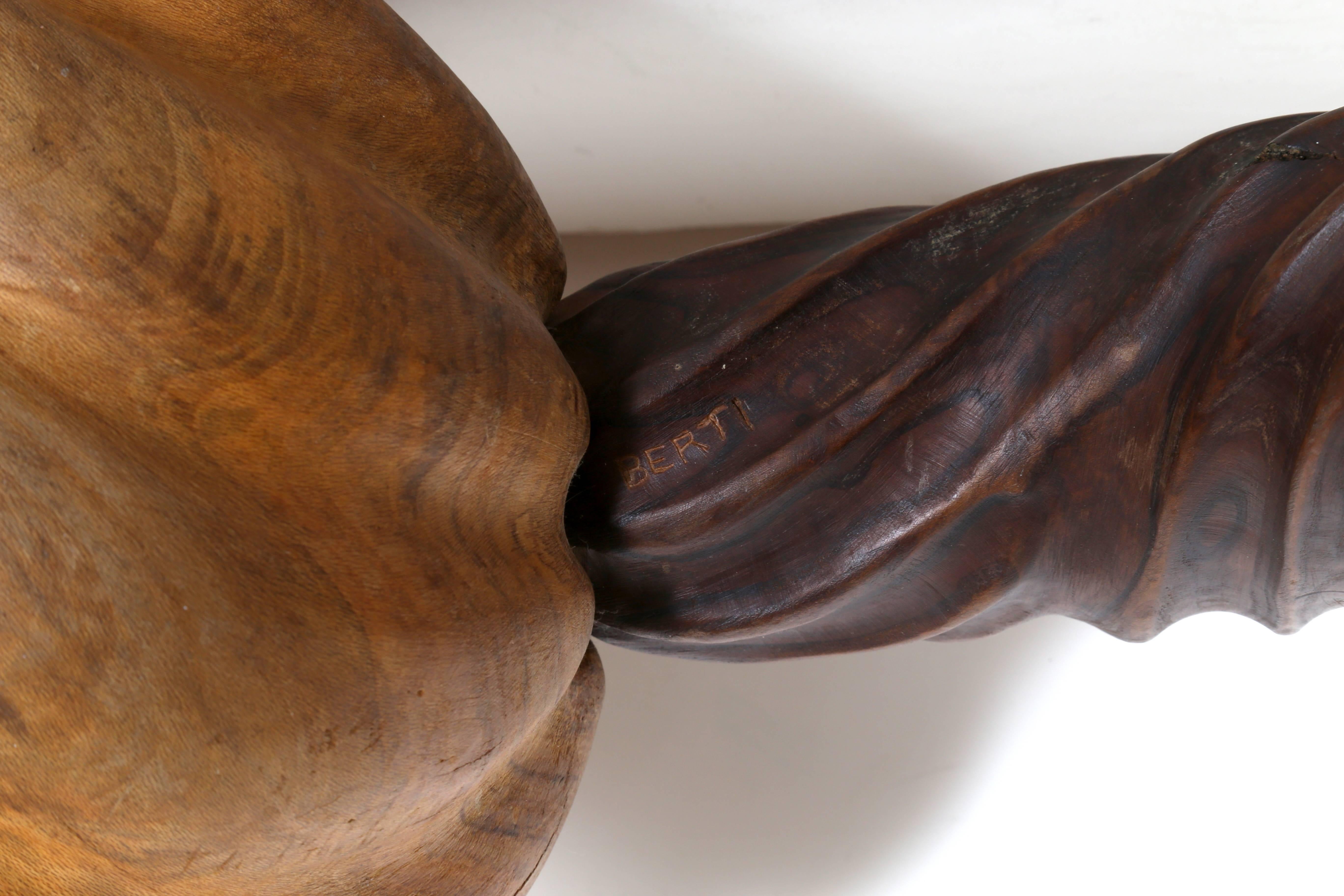 Artist: Chris Berti
Title: Untitled
Year: circa 1990
Medium: Hand-Carved Wood, signature inscribed on stem
Size: 10  x 30  x 10 in. (25.4  x 76.2  x 25.4 cm)