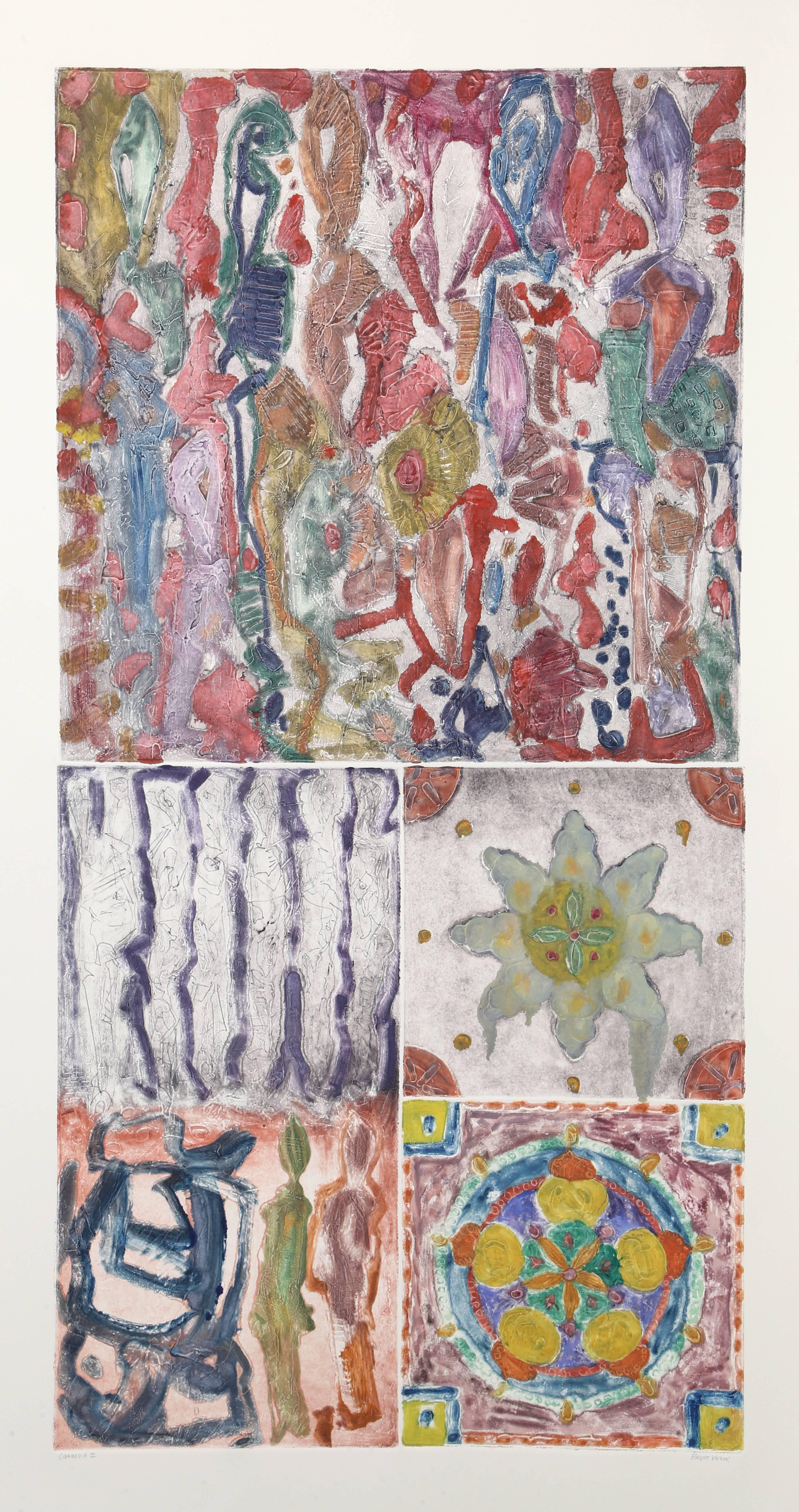 Abstract Expressionist monoprint by American artist Robert Kuszek (b.1959). This print is on thick paper, and the images are textured and embossed. The piece is signed in the lower right hand corner and is in excellent condition.

Artist: Robert