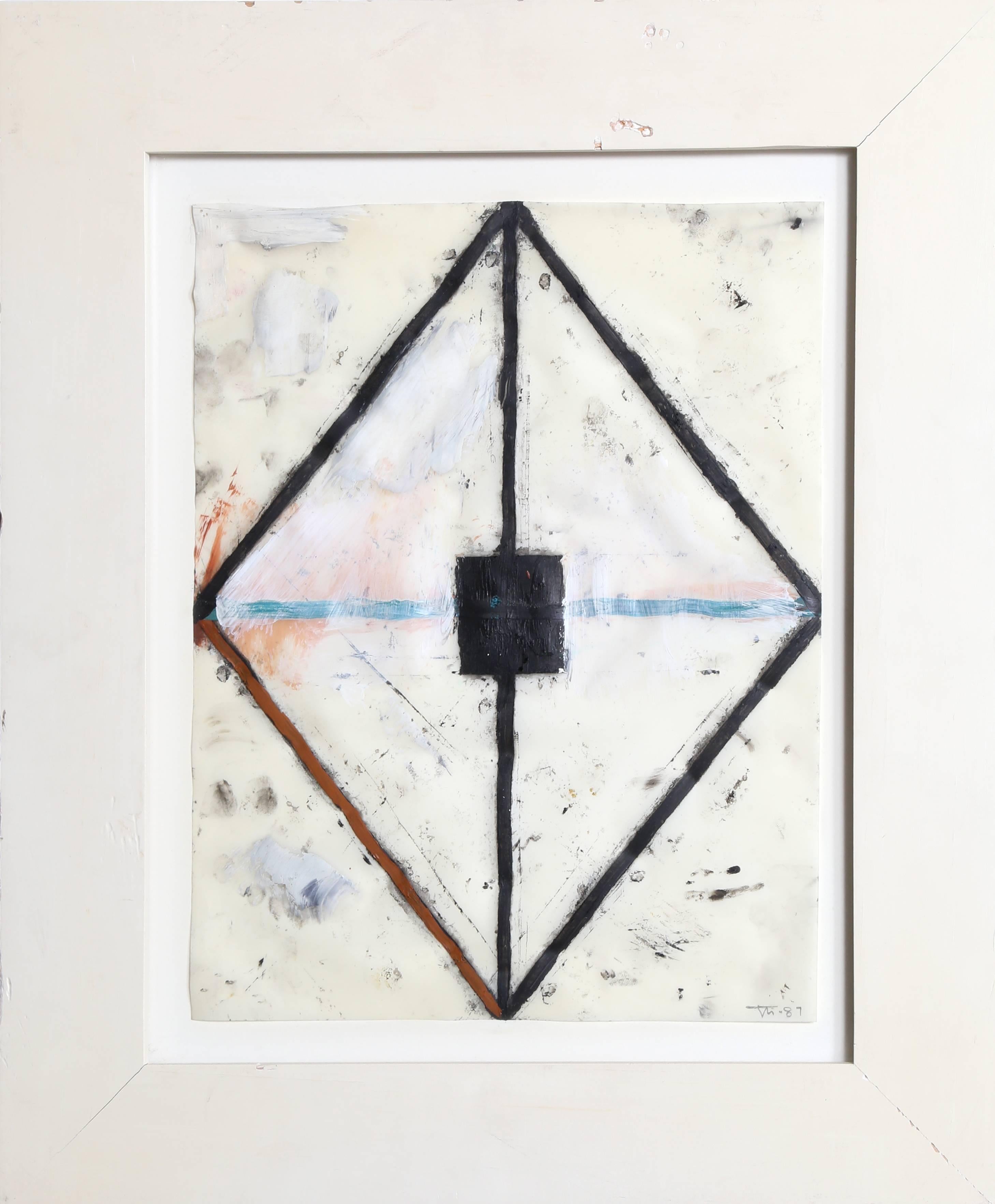 This is a mixed media oil painting, 'Untitled no. 40' on synthetic vellum by contemporary American artist John Millei. The work measures 14 x 11 inches and is displayed in a 20.5 x 17 inch white frame. It is signed 
'JM' and dated in the lower right