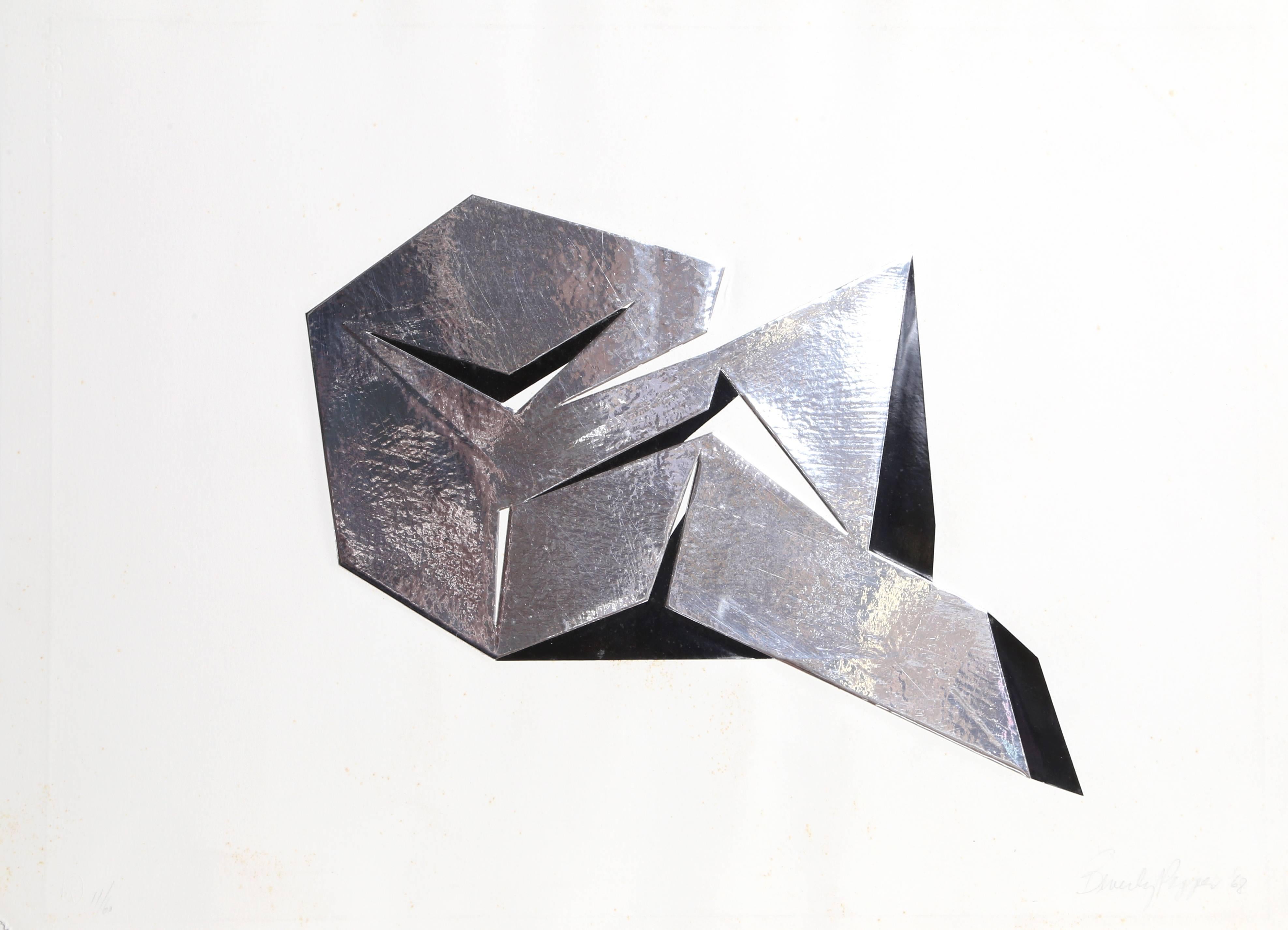 This shiny foil-embossed collage was created by American artist Beverly Pepper (b. 1922). Throughout Pepper's career, she became known for her graceful geometric welded steel sculptures and her interest in boxlike geometric forms, which translates