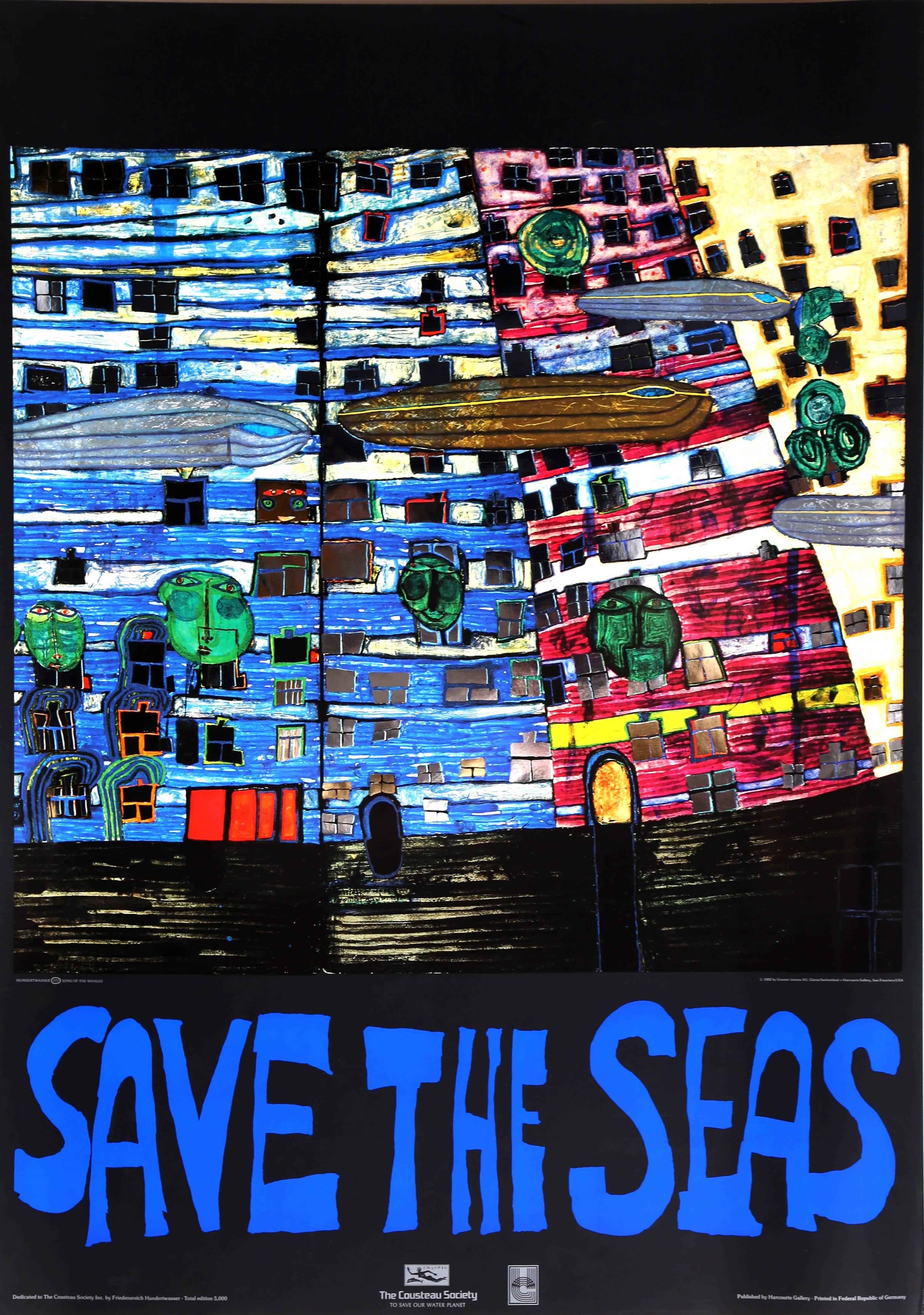 Friedensreich Hundertwasser Figurative Print - Save the Seas, Foil Embossed Poster, by Hundertwasser 1982