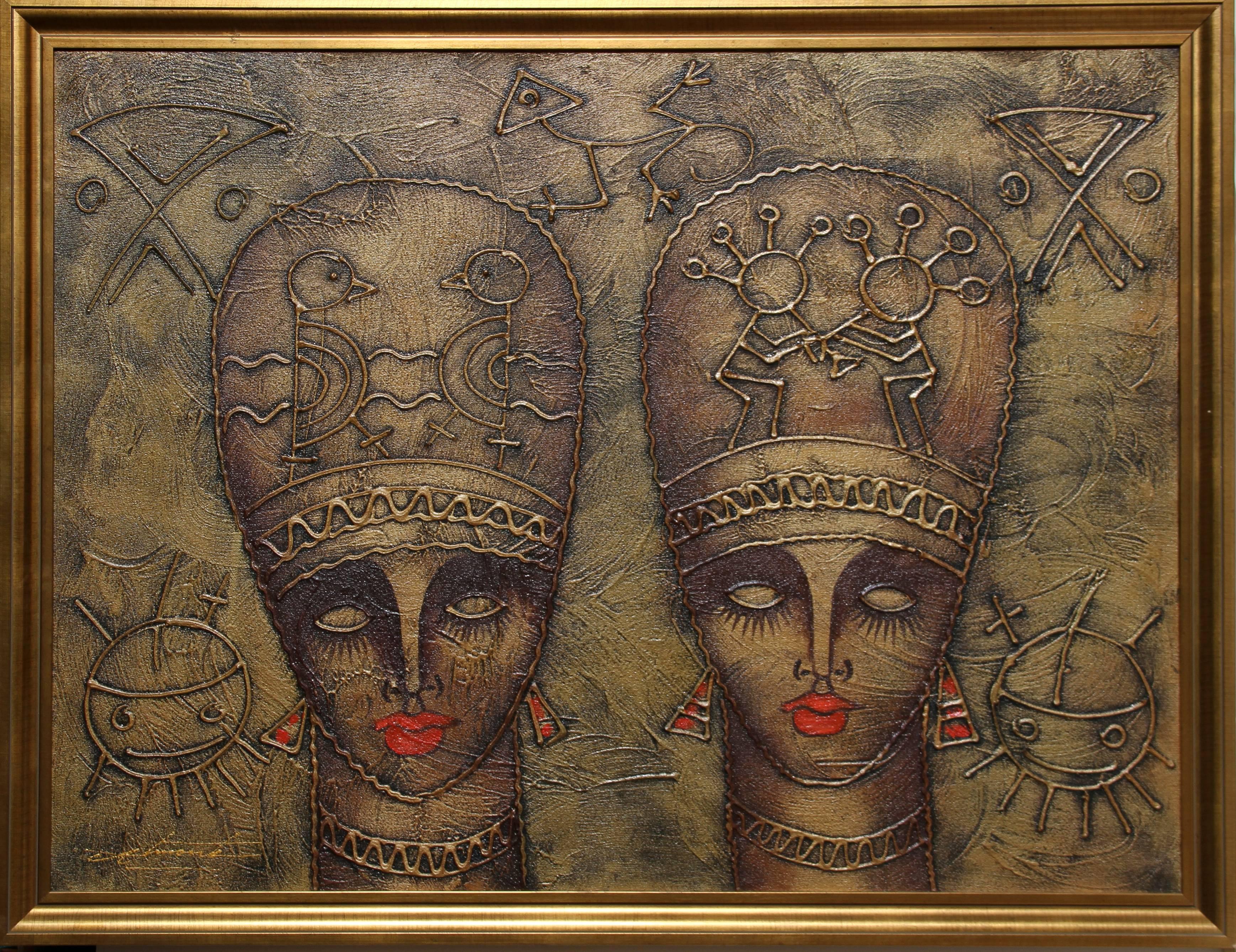 This oil painting on canvas was created by Dominican artist Tony Almonte. The painting is signed in the upper left hand corner and measures 30 x 40 inches. It is displayed in a 33.5 x 43.5 inch gold frame and is in excellent condition.