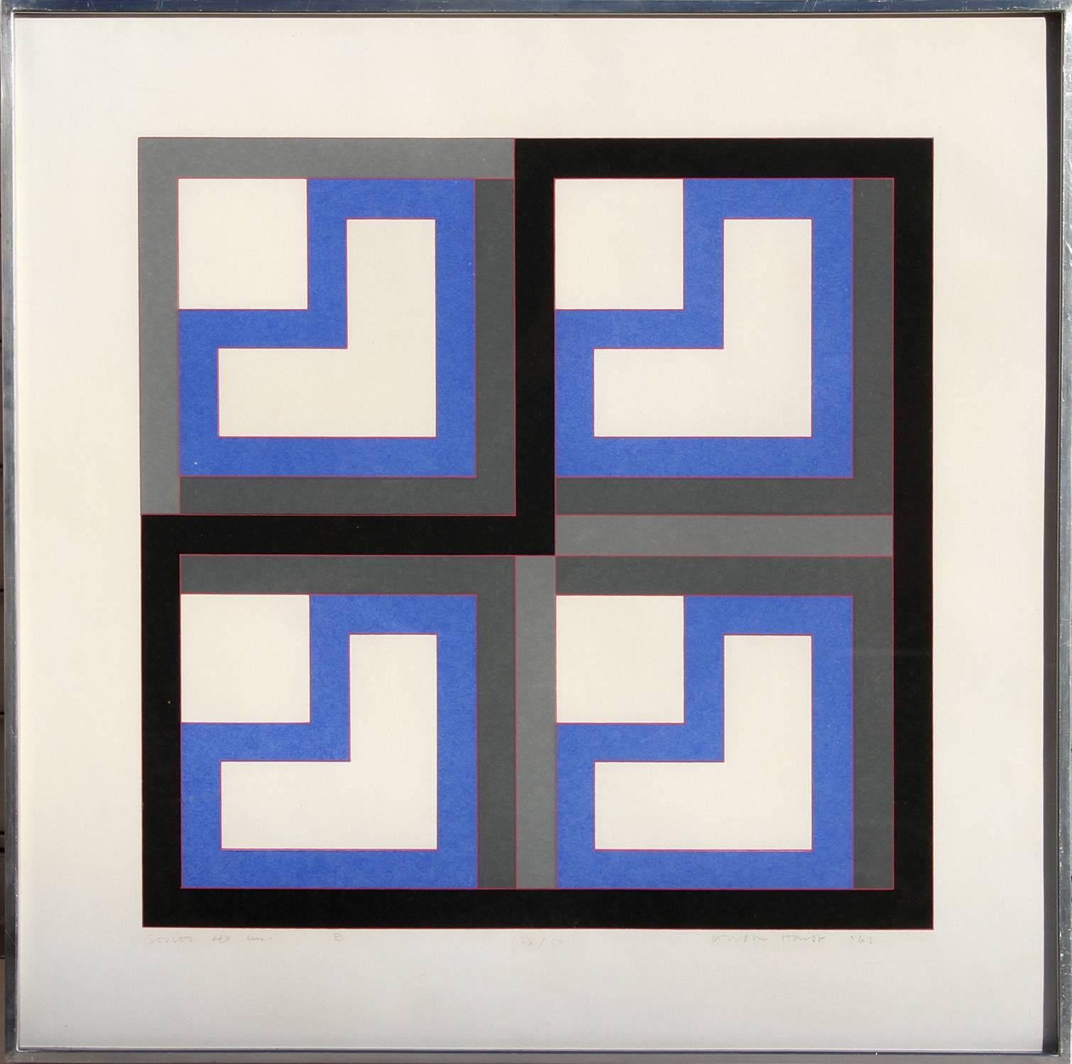 This screenprint was created by Welsh artist Gordon House (1932-2004). House was a designer and painter whose hard-edged abstract works reflected the dramatic tensions of his graphic design, like in this piece here. This print is signed and numbered