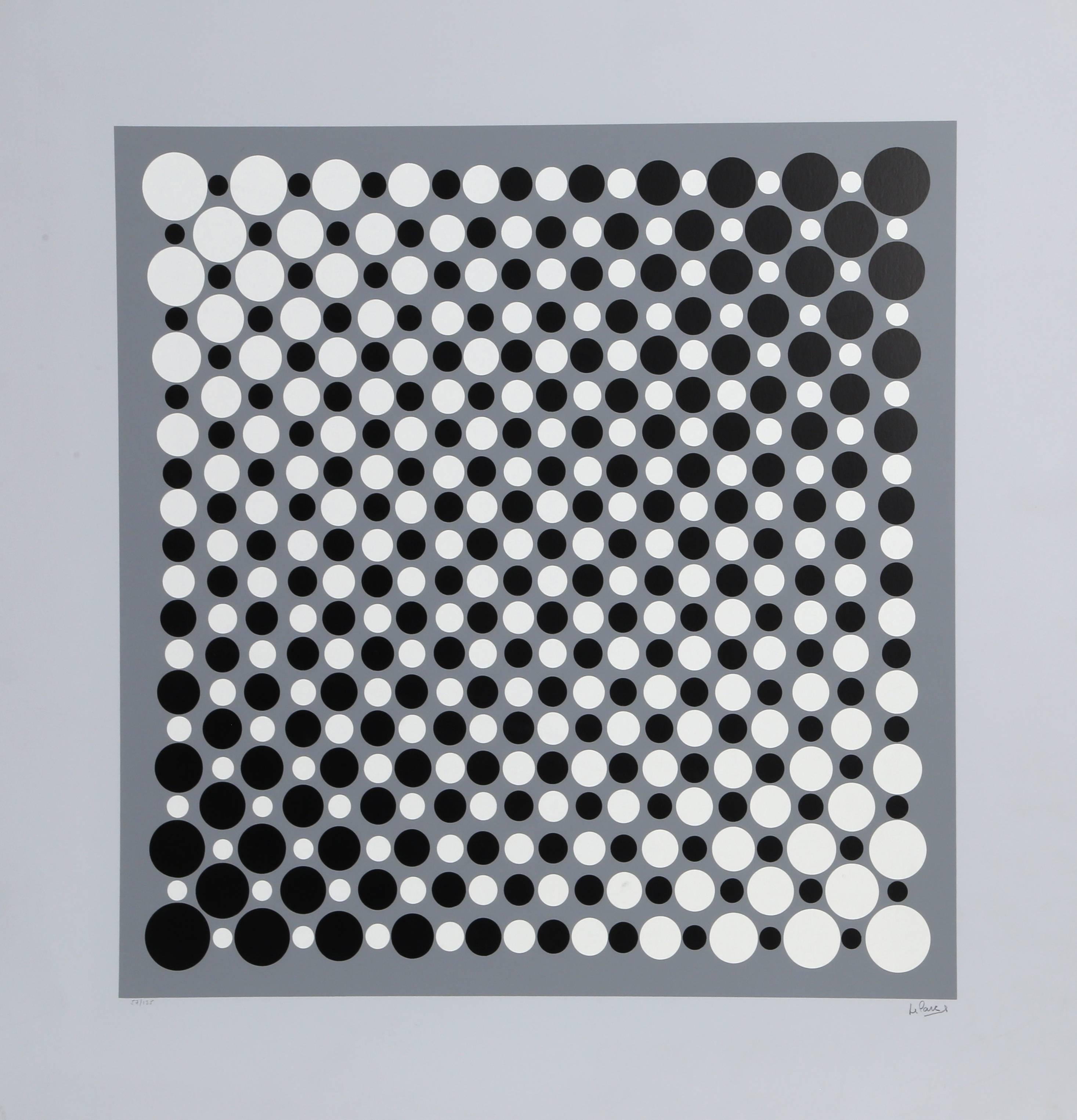 This screenprint on metallic paper was created by Argentinian artist Julio Le Parc.  Le Parc is one of Argentina's most prominent Modern artists, and his work is regarded as a precursor to Kinetic and Op art. This piece is signed and numbered