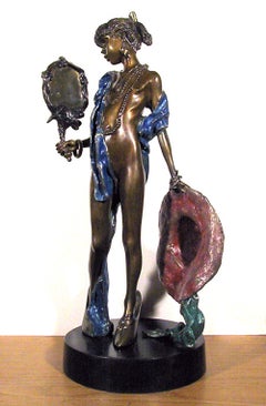 Girl holding a Mirror, Painted Bronze Sculpture by Richard Shiloh