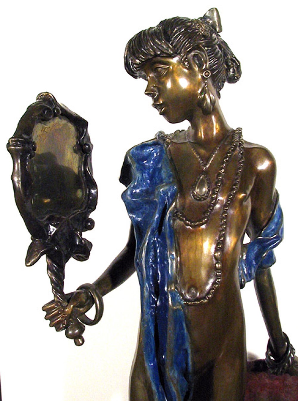 Girl holding a Mirror, Painted Bronze Sculpture by Richard Shiloh For Sale 1