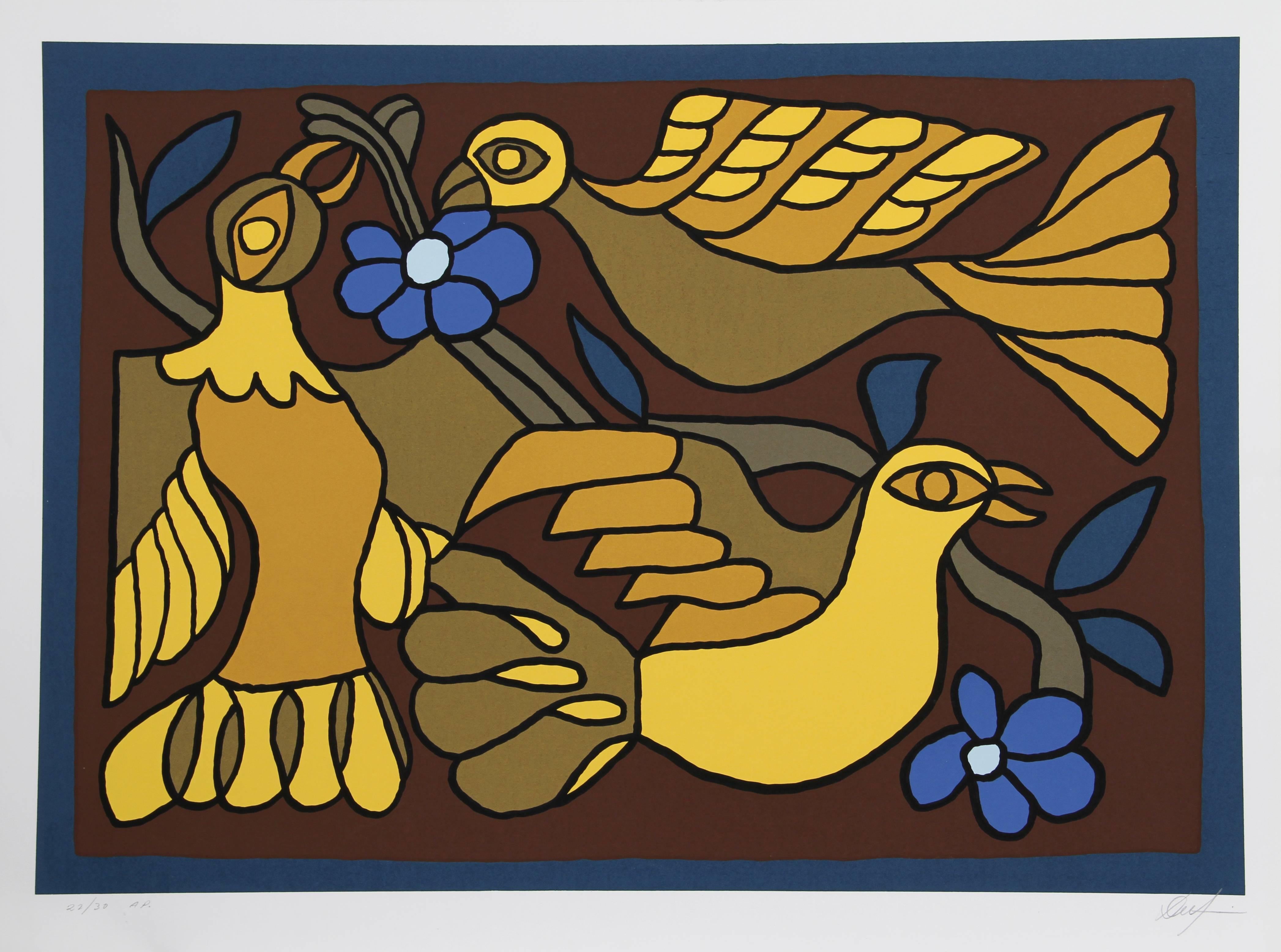 This print was created by Peruvian artist Victor Delfin. Delfin found the source of his inspiration in the ancient Paracan culture of Peru, part of the broader Incan civilization. Delfin's paintings and tapestries of birds reveals the depth of his