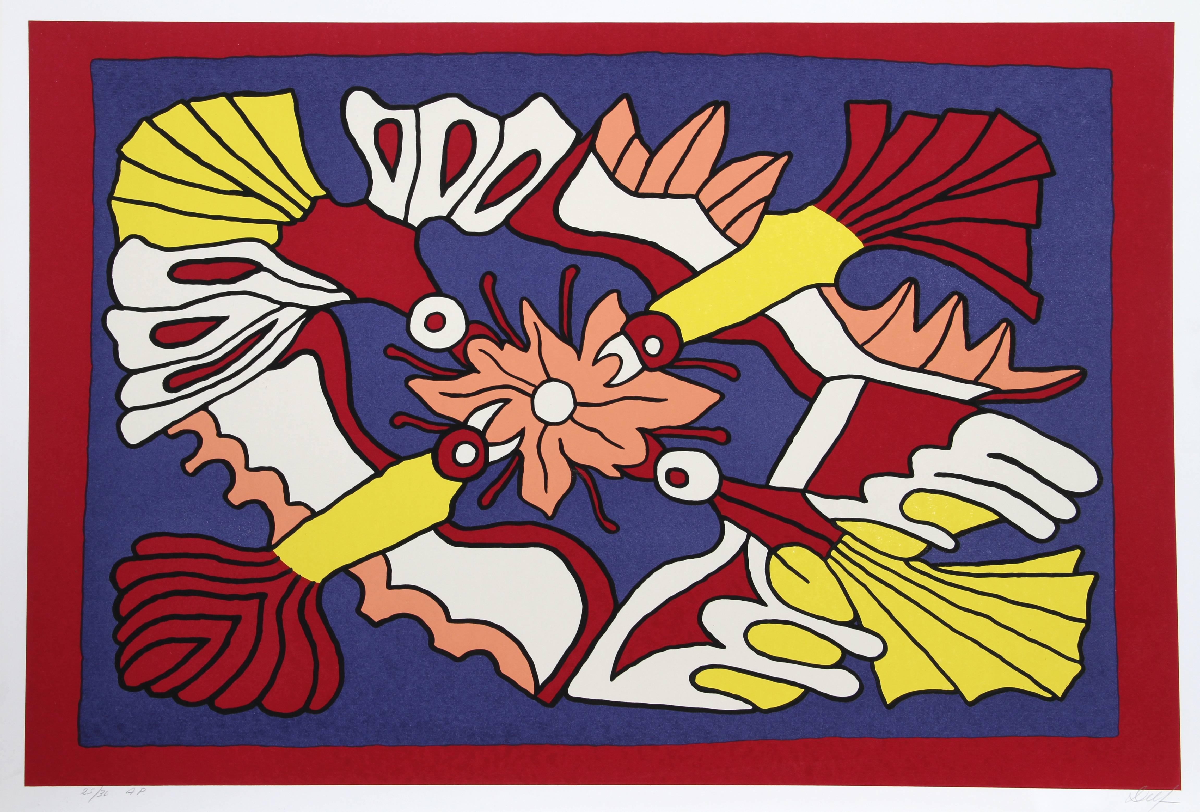 « Quatre oiseaux rouges et une fleur », sérigraphie de Victor Delfin, 1978