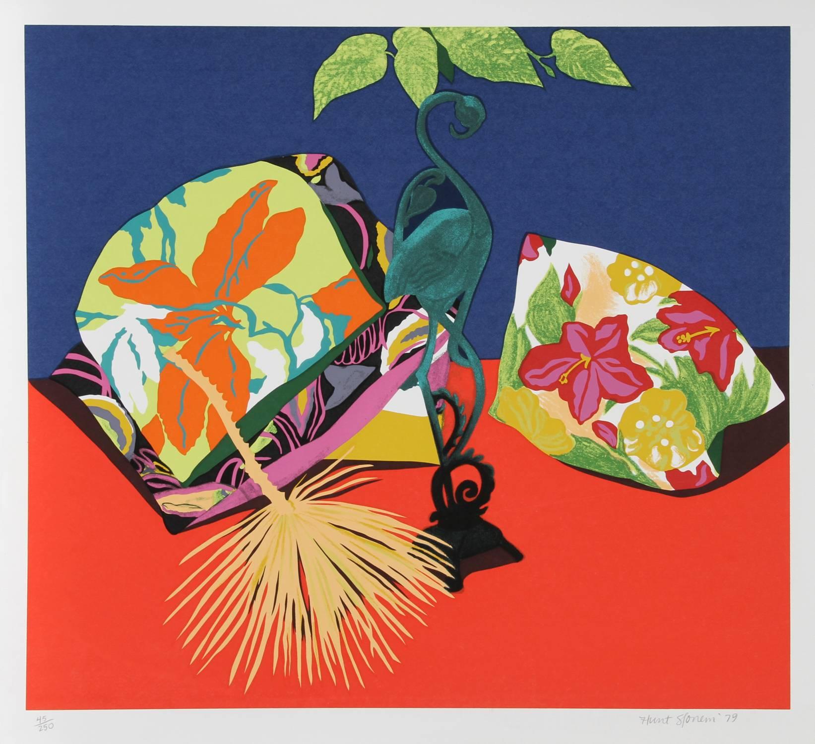 This serigraph was created by contemporary American artist Hunt Slonem. Slonem is best known for his Neo-Expressionist paintings and bright tropical palette, and his subject matter often includes tropical birds, based on a personal aviary in which