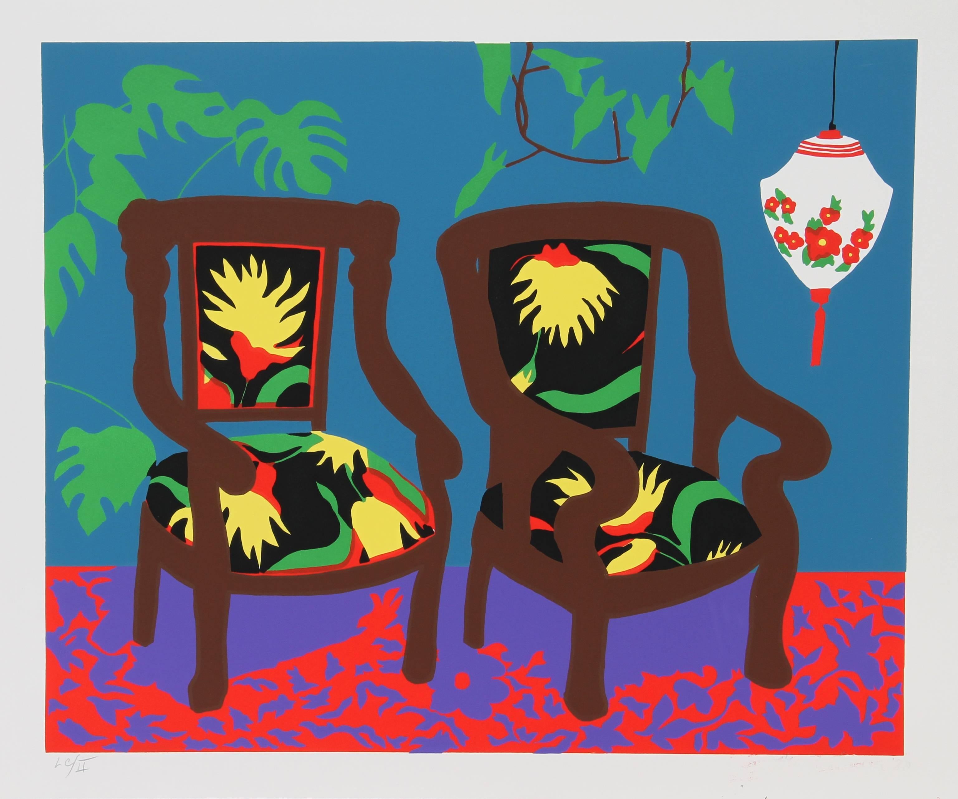 This serigraph was created by contemporary American artist Hunt Slonem. Slonem is best known for his Neo-Expressionist paintings and bright tropical palette, and his subject matter often includes tropical birds, based on a personal aviary in which