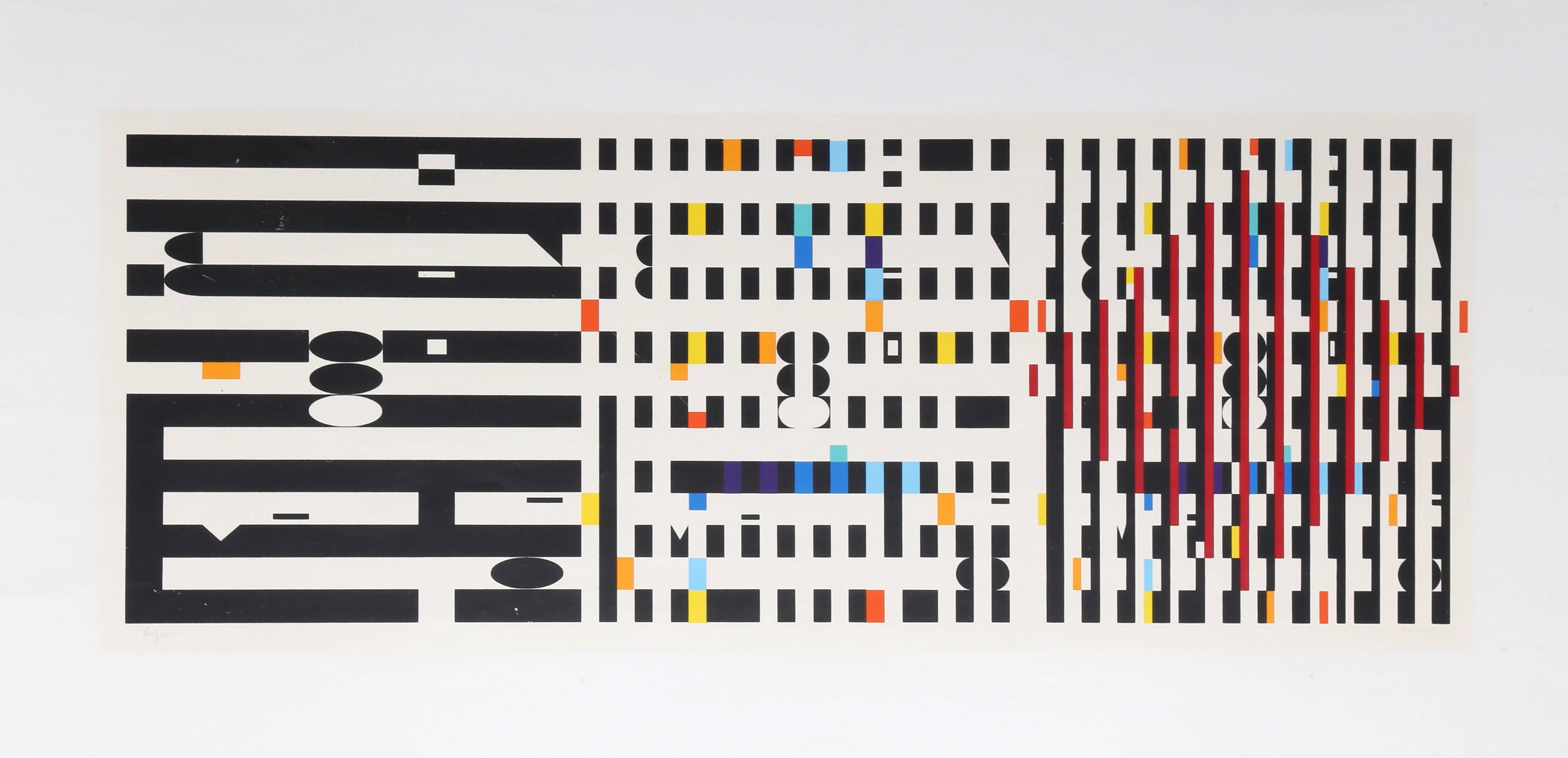 This screenprint was created by Israeli Op Artist Yaacov Agam. Agam is best known for his contributions to optical and kinetic art. His nonrepresentational style is an integration of formalist art with the study of Hebrew mysticism. His work is