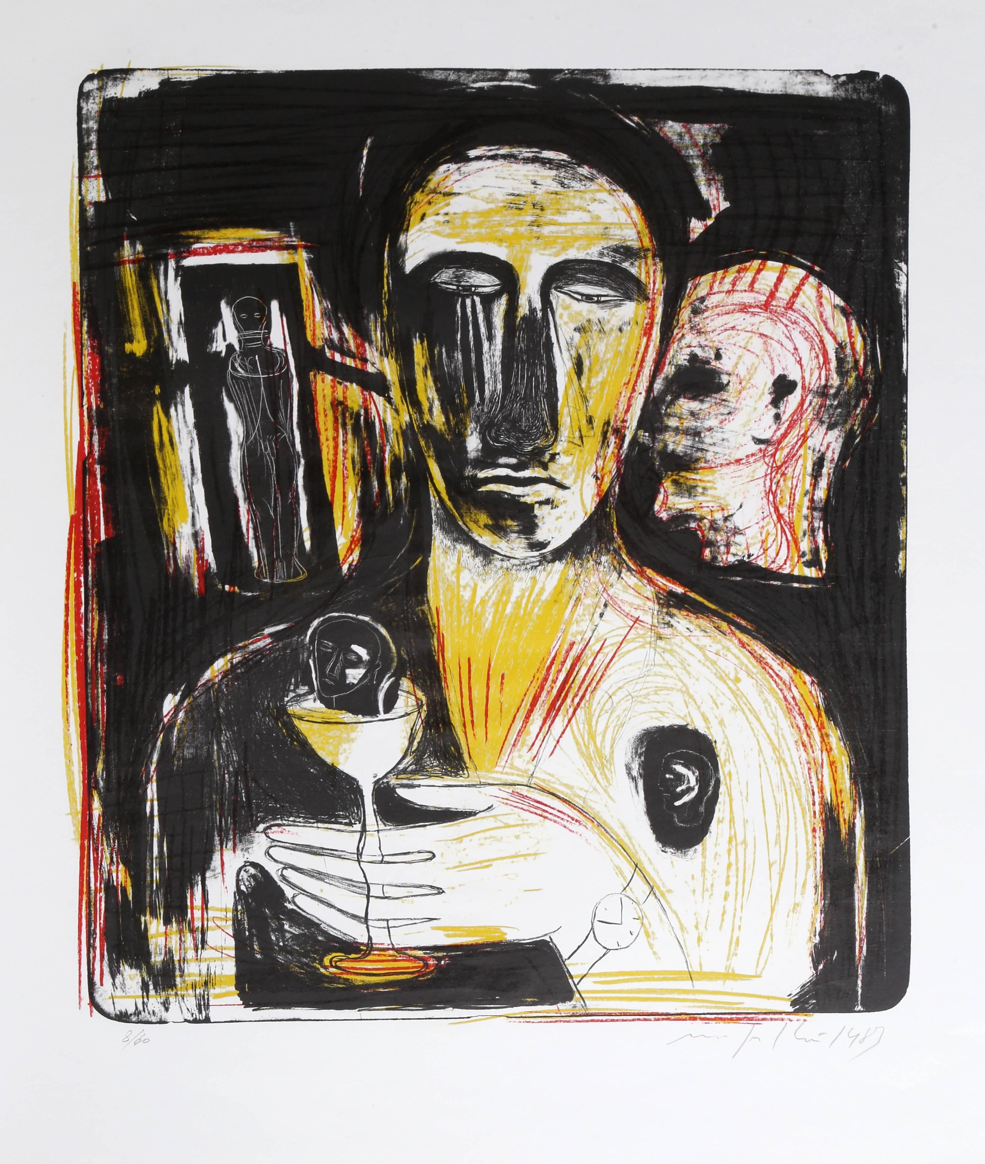 This lithograph on rice paper was created in 1981 by Italian artist Mimmo Paladino. Paladino's contemporary style is characterized by energetic lines and a unique regard for figures. This print in his typical style is signed and numbered in pencil,