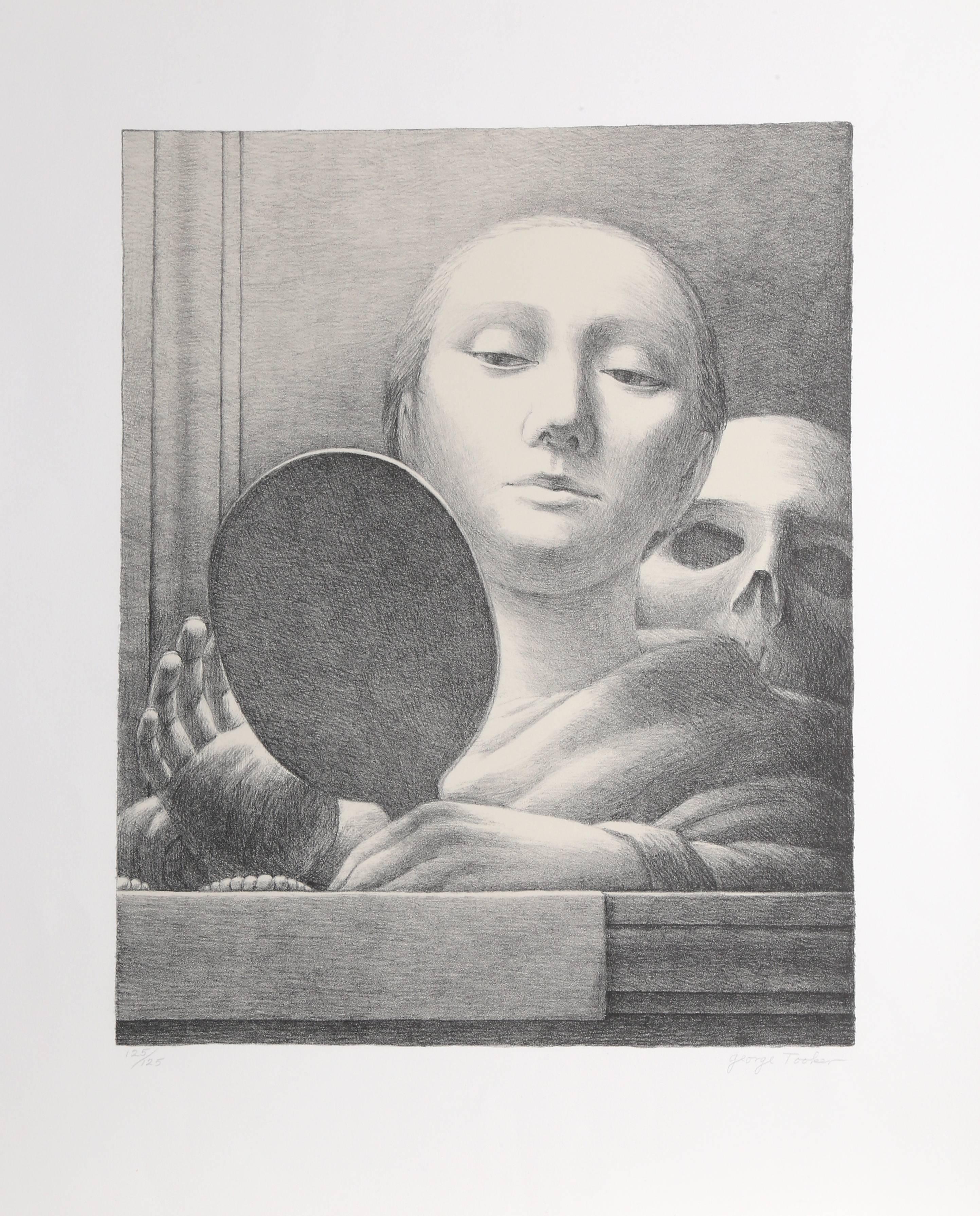 This lithograph was created by American artist George Tooker. His subjects often are depicted naturally as in a photograph, but the images use flat tones, an ambiguous perspective, and alarming juxtapositions to suggest an imagined or dreamed