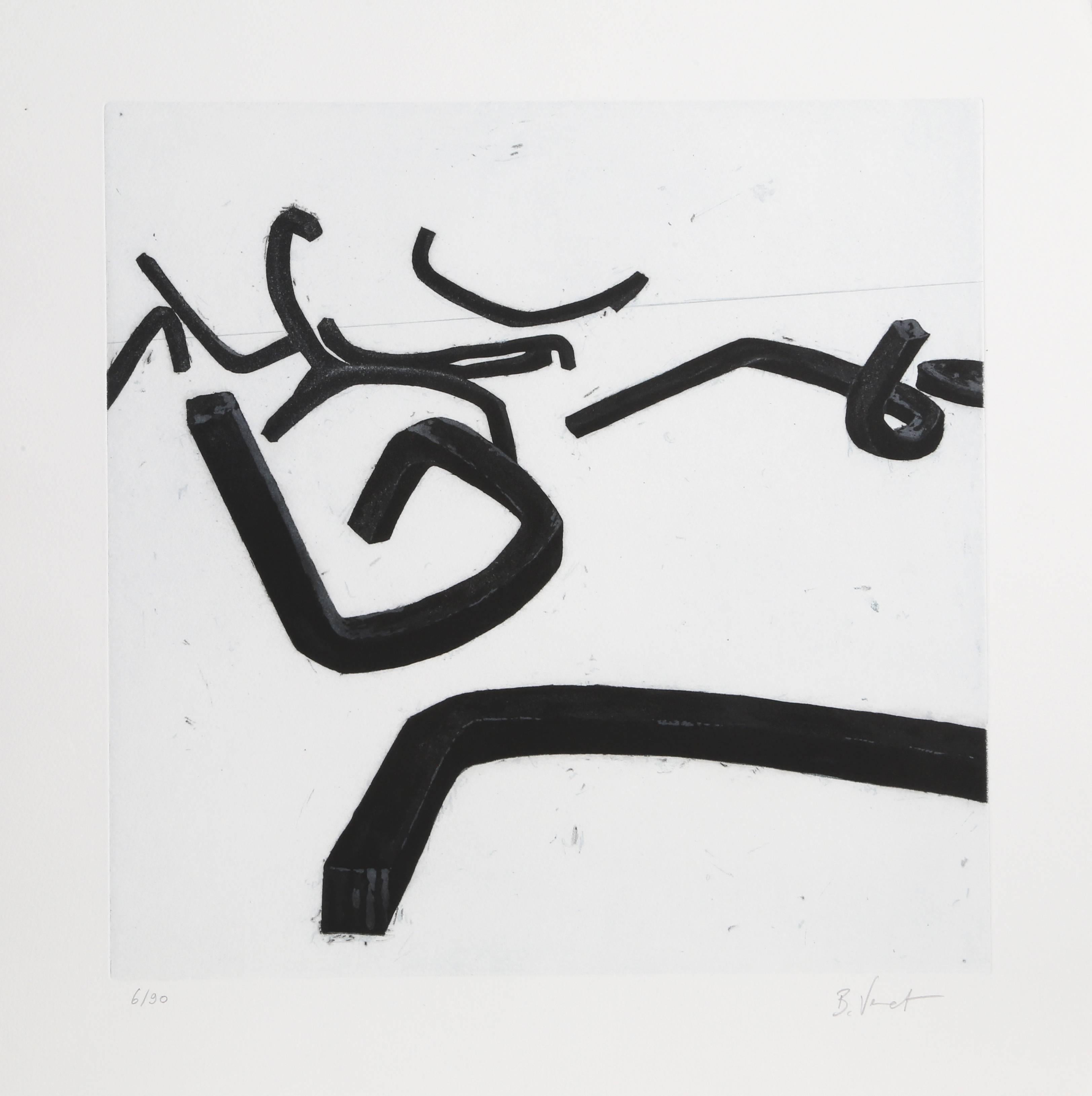 This etching comes from the portfolio "Combinaison Aleatoire de Lignes Indeterminees" by French sculptor and artist Bernar Venet. Throughout his career, Venet moved from action painting into a more logical, mathematical style influenced by