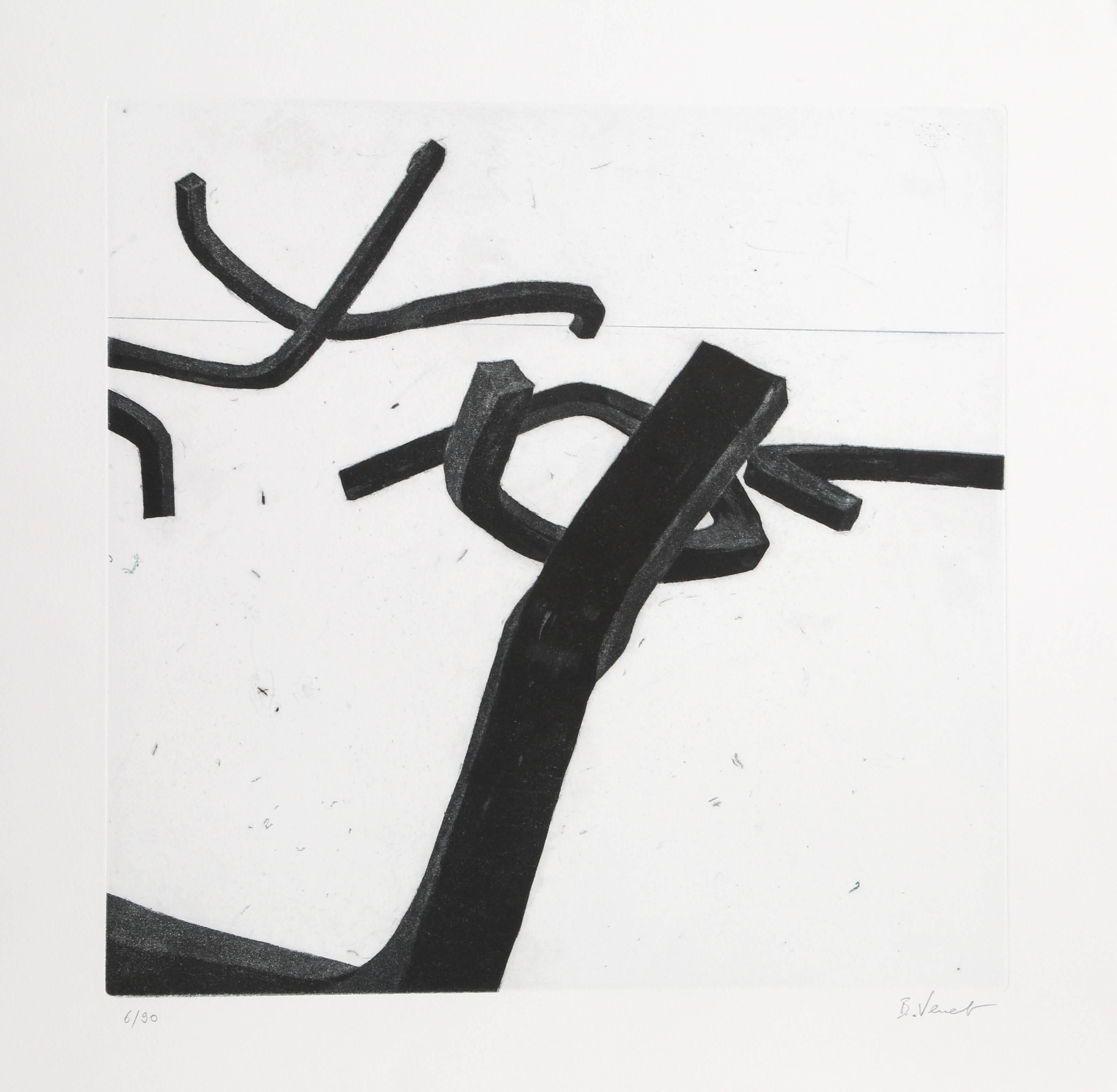 This etching comes from the portfolio "Combinaison Aleatoire de Lignes Indeterminees" by French sculptor and artist Bernar Venet. Throughout his career, Venet moved from action painting into a more logical, mathematical style influenced by