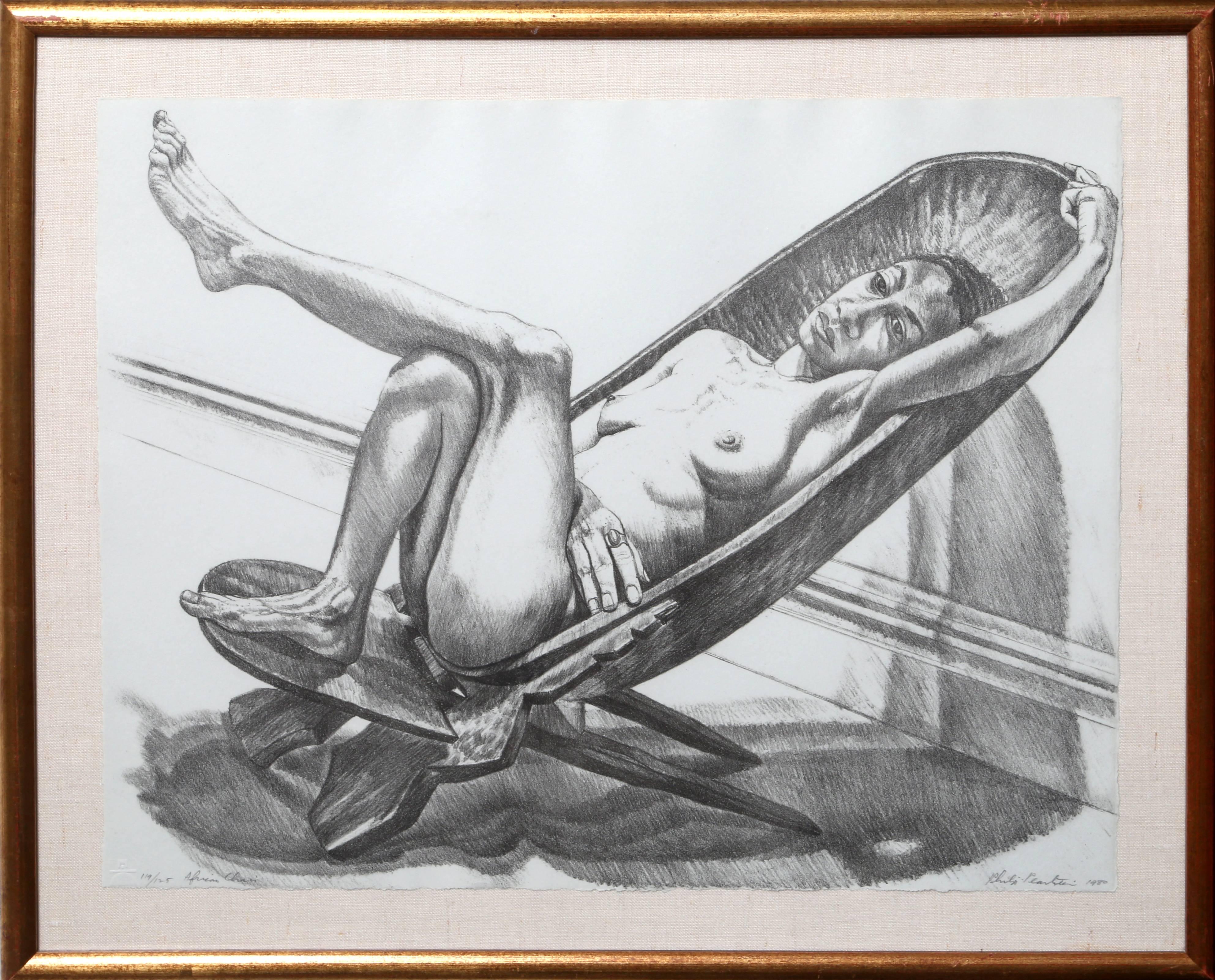 This lithograph was created by American artist Philip Pearlstein. A key figure in the sharp-focus realist movement, he was a leader in the early 1960s of the revival of figure painting in America. He experimented briefly with landscapes and then